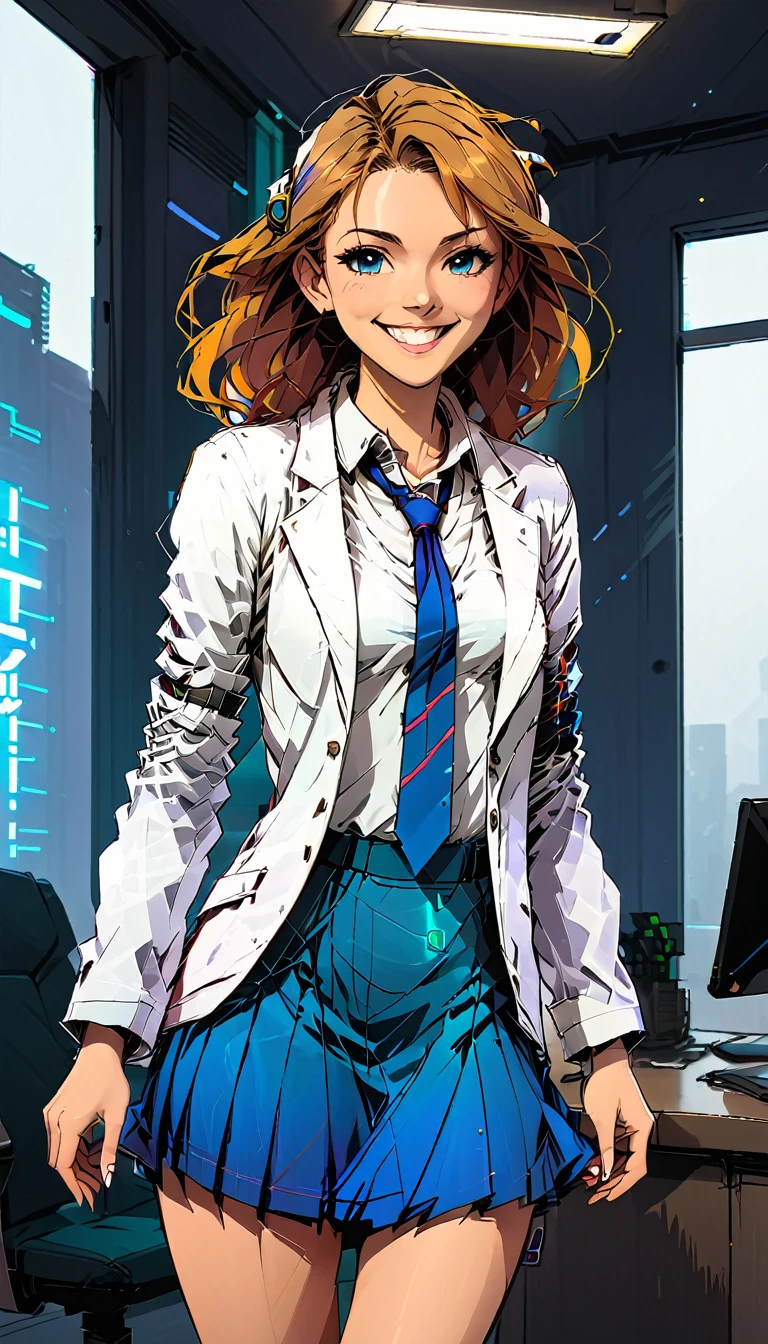 masterpiece, best quality, ultra-detailed, 1girl, aris, white jacket, white shirt, blue necktie, pleated skirt, halo, indoors, smile mhk_comics