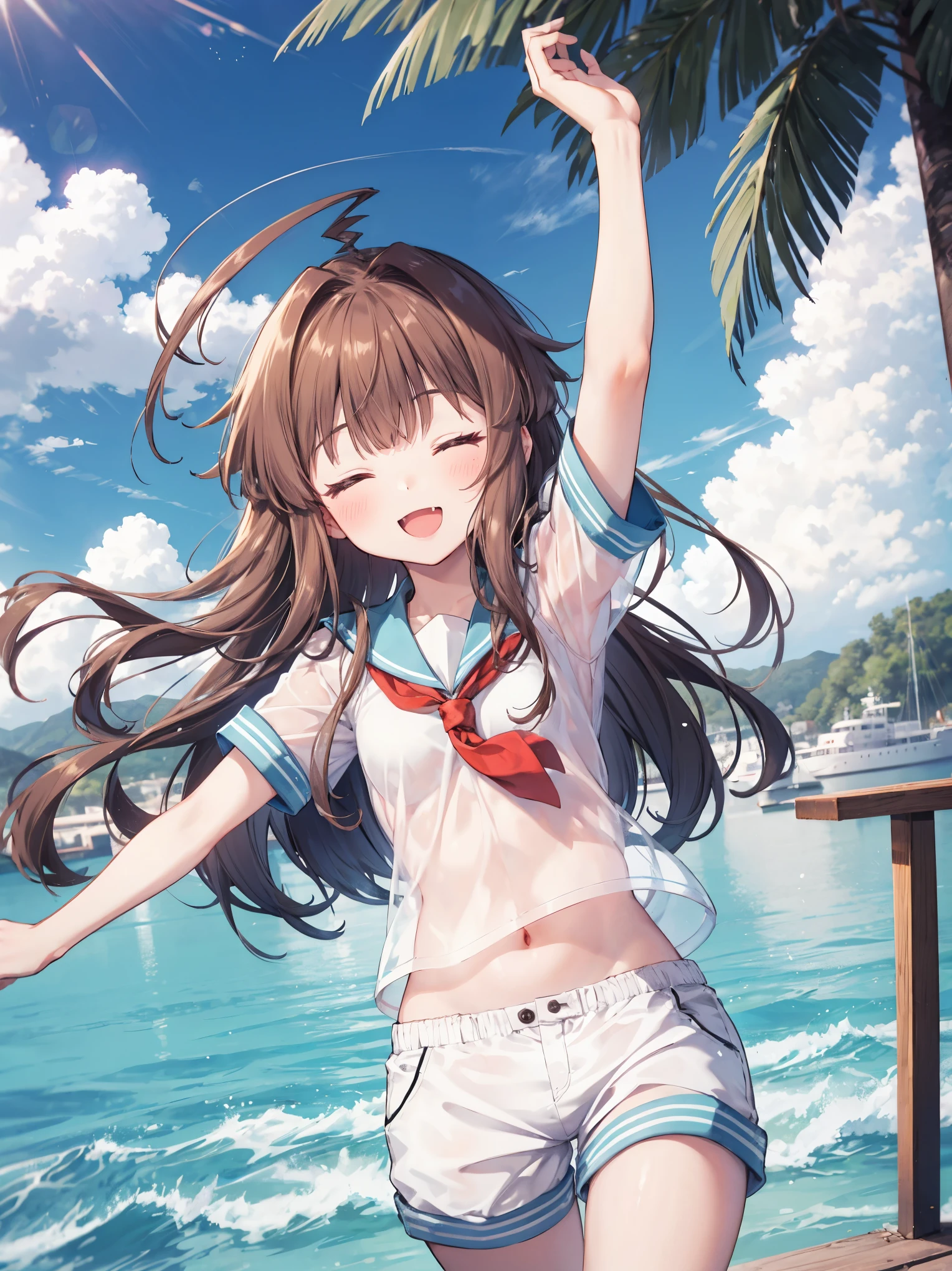 1young_teen_ girl, brown_hair, long_hair, sailor_uniform,white_ baggy_shorts, short_sleeve, thighs, small_breasts, big_smile, open_mouth, fang, harbor_landscape_background, slightly_spread_legs, happiness, covered_crotch,ahoge,XD,exciting_posing,closed_eyes