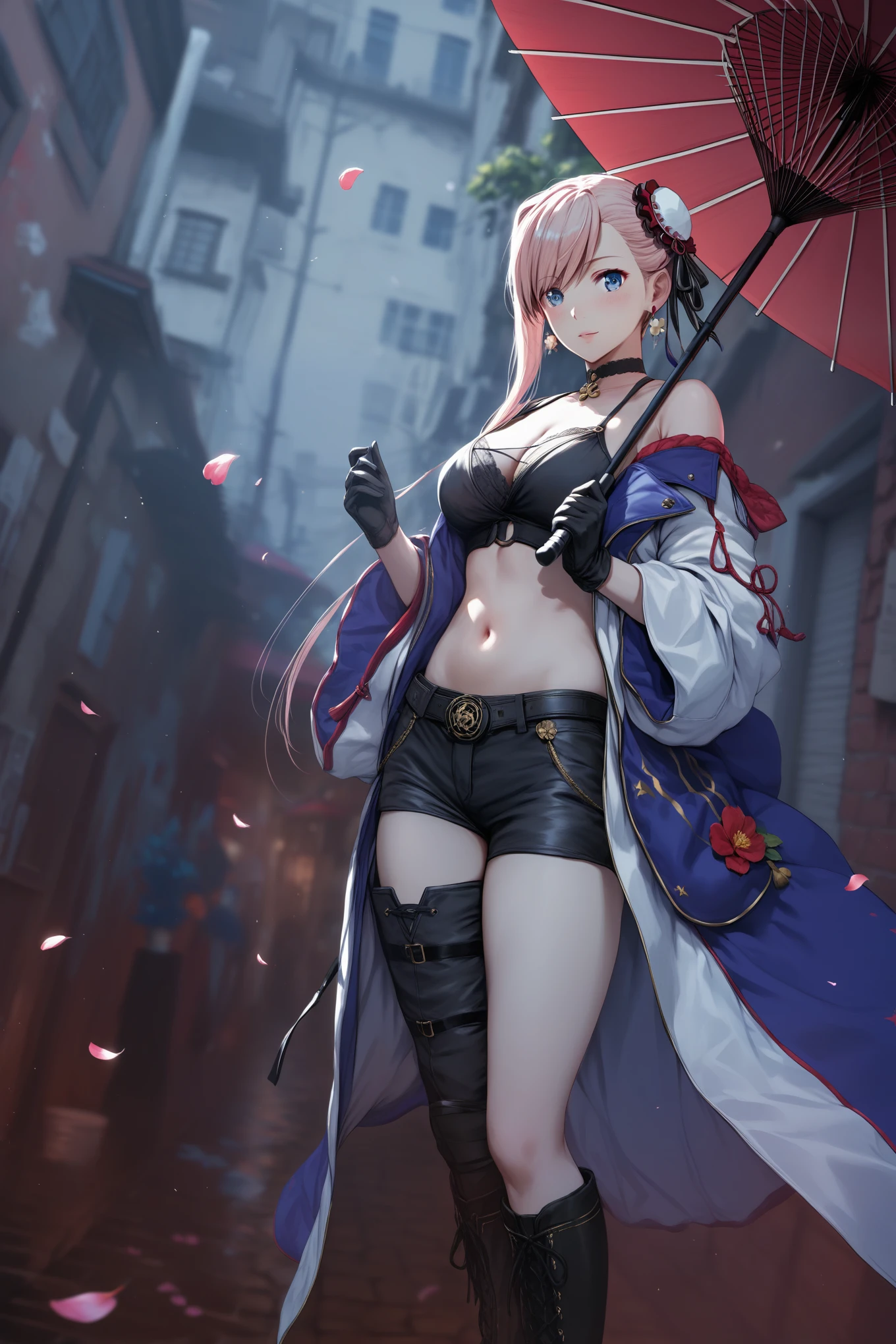 (hero neisan art style:0.7), (hews art style:0.7), score_9, score_8_up, score_7_up, score_6_up, score_5_up, score_4_up, uncensored, miyamoto musashi, pink hair, earrings, ponytail, asymmetrical hair, swept bangs, blue eyes, BREAK (masterpiece:1.2), best quality, high resolution, (detailed eyes:1.3), perfect lighting, (perfect hands, perfect anatomy), moolight, falling flower, umbrella, alleyway, 1girl, solo, red umbrella, stomach, , black choker, shorts, navel, umbrella, black shorts, midriff, choker, short shorts, standing, gloves, crop top, large breasts gloves, holding, thighs, boots, white coat, coat, looking at viewer, oil-paper umbrella, cleavage, holdella, flower, single bare shoulder, black footwear