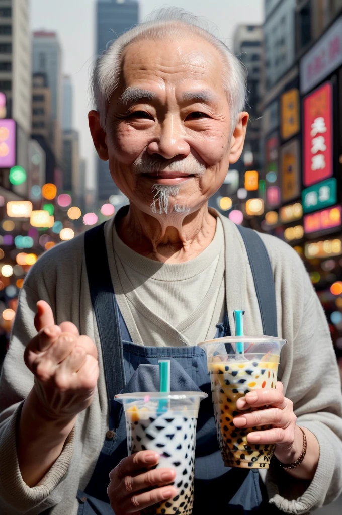 masterpiece, best quality, 1old man, photo of harold, (middle finger:1.1), (holding bubble tea:1.2), smiling, city,