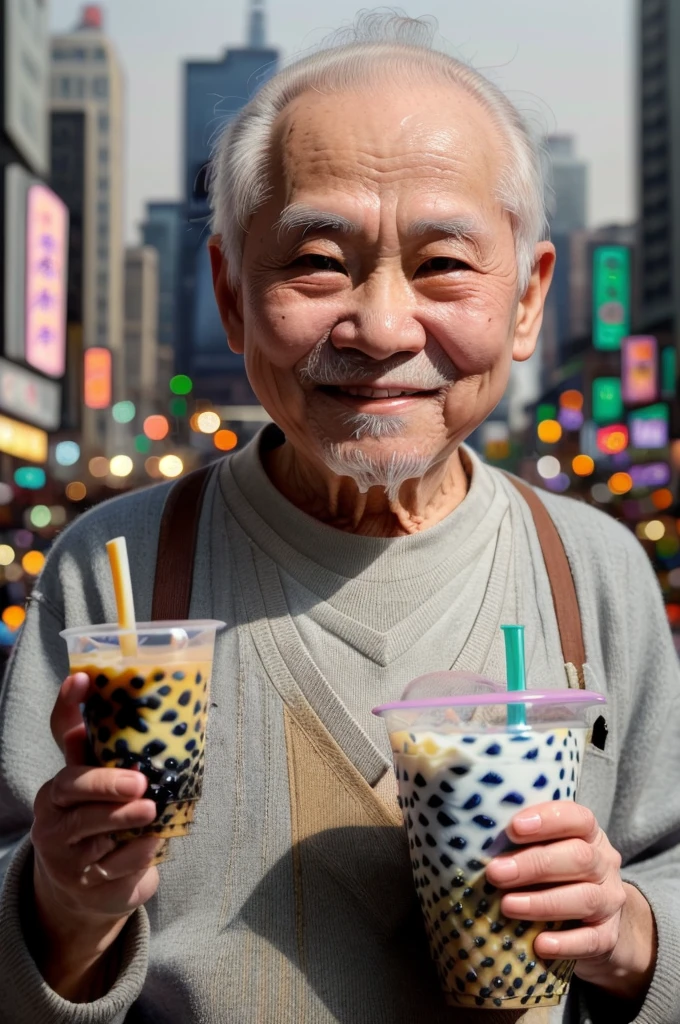 masterpiece, best quality, 1old man, photo of harold, (middle finger:1.1), (holding bubble tea:1.2), smiling, city, 