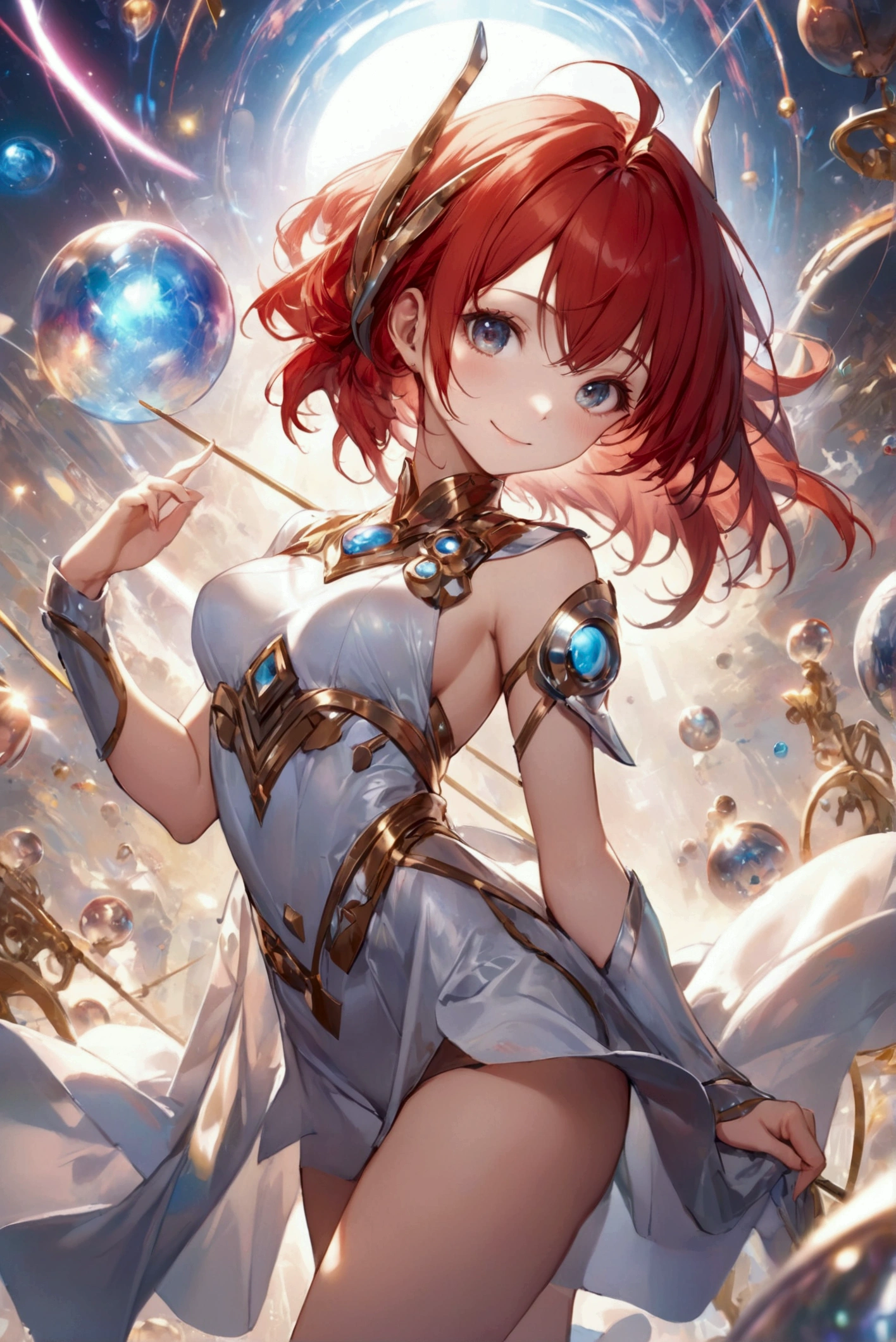 (Highest quality, 8k, 32K, masterpiece, Ultra-high resolution,:1.2),born, One girl,Super cute , Natural light,Clear, shining eyes, 20-year-old ,Fair skin, Girl with red hair, Woman warrior, Sexy pose, An innocent smile, A fantasy background reminiscent of an electronic world, Random hairstyle