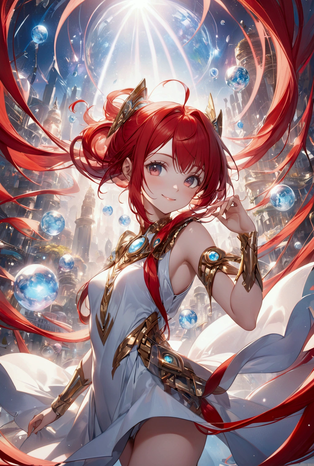 (Highest quality, 8k, 32K, masterpiece, Ultra-high resolution,:1.2),born, One girl,Super cute , Natural light,Clear, shining eyes, 20-year-old ,Fair skin, Girl with red hair, Woman warrior, Sexy pose, An innocent smile, A fantasy background reminiscent of an electronic world, Random hairstyle