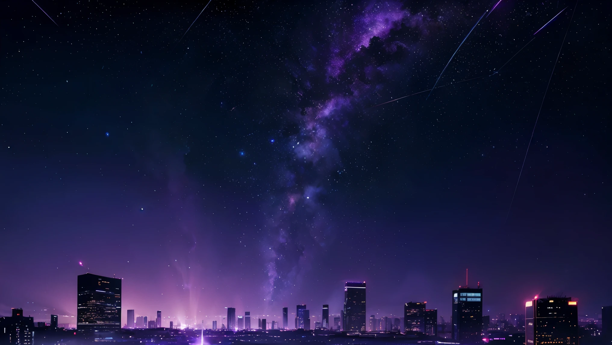 Starry sky with constellations, Purple hue like a nebula, Vast space, The Bottom of Cyberpunk City,  