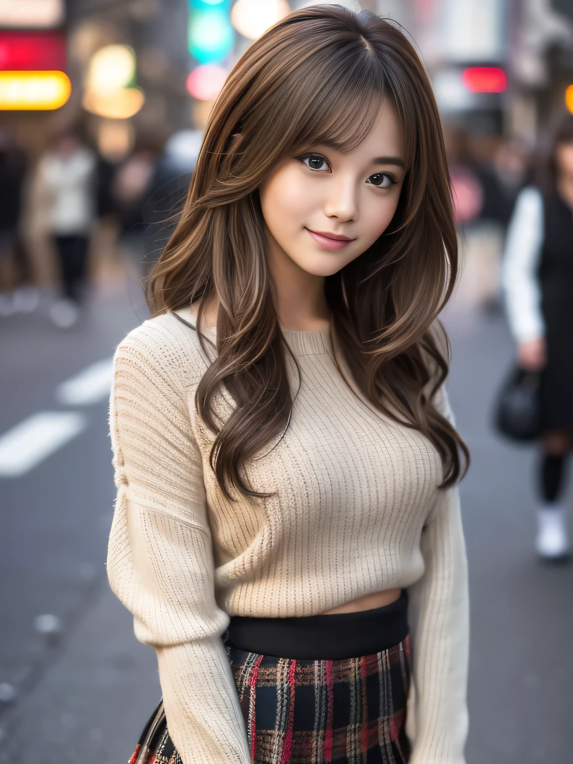 masterpiece, best quality, ultra-detailed, intricately detailed hyperdetailed, realistic, sharp features, highly detailed, sharp focus, Realistic, Photorealistic:1.3, (19 years old:1.3), perfect face, perfect symmetrically eyes, perfect full lips, hyper detailed, hyper realistic, high resolution, Fashion Model, Japanese Idol, Slender, brown hair, Stylish, model poses, Beautiful Face, light brown hair, messy hair, Beautiful hairstyle, (seductive smile:1.2), (looking at viewer), cinematic lighting, blurred background, (Black knit:1.2), ((mini plaid skirt, black high socks)), (Shibuya),