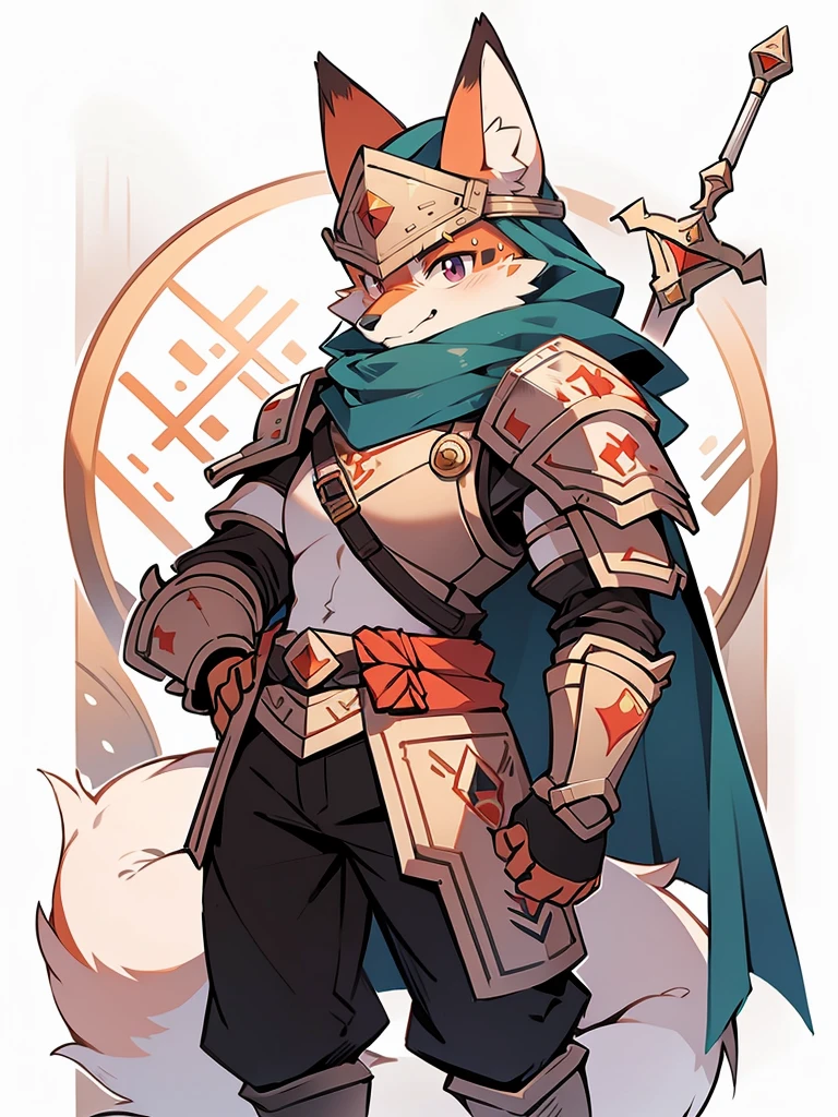 
**Name:** zorritolay

**Species:** Fox

**Physical Description:**
- **Fur:** Bright white with red and brown details.
- **Body:** Muscular and athletic, with a physique that reflects strength and agility.
- **Armor:** Full metal plate armor, polished and shiny, with gold trim on the edges and intricate details. It covers the torso, shoulders, and thighs, allowing freedom of movement.
- **Shield:** Round shield with a fox emblem in the center, with a metallic finish and decorated with runes or mystical symbols.
- **Sword:** Long, sharp-bladed sword with an elegant hilt that can be shaped like a fox or engraved details. The blade can be adorned with gems.
**Cape:** Long, flowing cape, in a white or red hue, that complements his armor.
- **Helmet:** Helmet with a decorated visor, leaving your face visible and expressive.