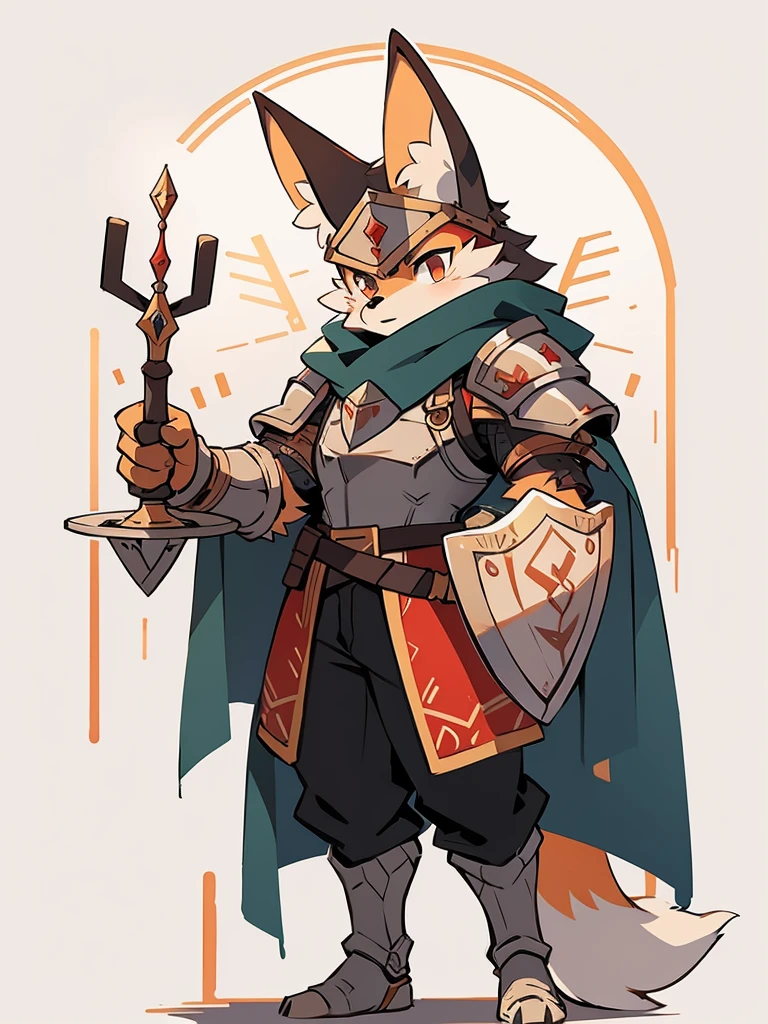 
**Name:** zorritolay

**Species:** Fox

**Physical Description:**
- **Fur:** Bright white with red and brown details.
- **Body:** Muscular and athletic, with a physique that reflects strength and agility.
- **Armor:** Full metal plate armor, polished and shiny, with gold trim on the edges and intricate details. It covers the torso, shoulders, and thighs, allowing freedom of movement.
- **Shield:** Round shield with a fox emblem in the center, with a metallic finish and decorated with runes or mystical symbols.
- **Sword:** Long, sharp-bladed sword with an elegant hilt that can be shaped like a fox or engraved details. The blade can be adorned with gems.
**Cape:** Long, flowing cape, in a white or red hue, that complements his armor.
- **Helmet:** Helmet with a decorated visor, leaving your face visible and expressive.