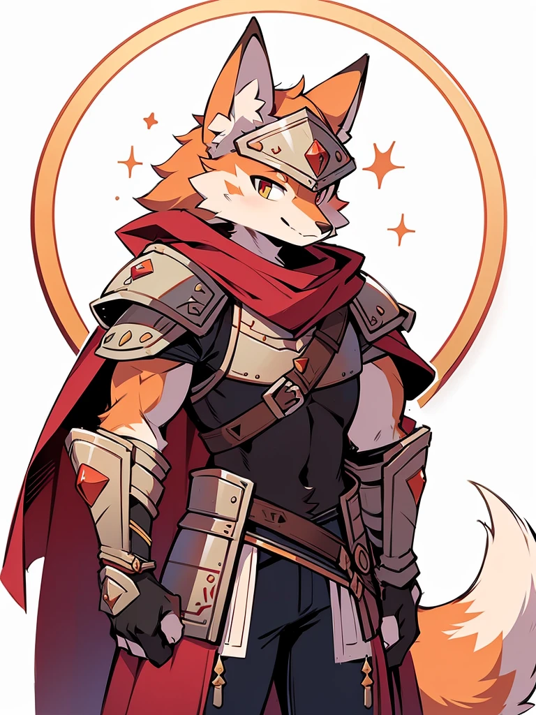 **Name:** zorritolay
**Species:** Fox
**Physical Description:**
- **Fur:** Bright white with red and brown details.
- **Body:** Muscular and athletic, with a physique that reflects strength and agility.
- **Armor:** Full metal plate armor, polished and shiny, with gold trim on the edges and intricate details. It covers the torso, shoulders, and thighs, allowing freedom of movement.
- **Shield:** Round shield with a fox emblem in the center, with a metallic finish and decorated with runes or mystical symbols.
- **Sword:** Long, sharp-bladed sword with an elegant hilt that can be shaped like a fox or engraved details. The blade can be adorned with gems.
**Cape:** Long, flowing cape, in a white or red hue, that complements his armor.
- **Helmet:** Helmet with a decorated visor, leaving your face visible and expressive.