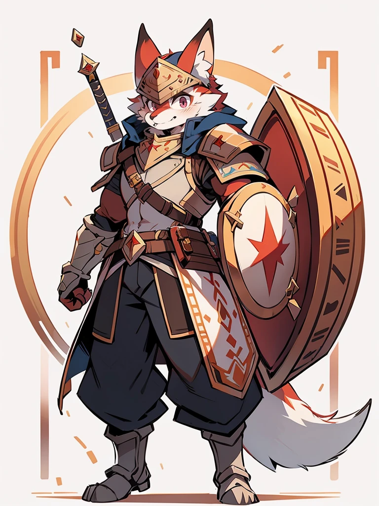 
**Name:** zorritolay

**Species:** Fox

**Physical Description:**
- **Fur:** Bright white with red and brown details.
- **Body:** Muscular and athletic, with a physique that reflects strength and agility.
- **Armor:** Full metal plate armor, polished and shiny, with gold trim on the edges and intricate details. It covers the torso, shoulders, and thighs, allowing freedom of movement.
- **Shield:** Round shield with a fox emblem in the center, with a metallic finish and decorated with runes or mystical symbols.
- **Sword:** Long, sharp-bladed sword with an elegant hilt that can be shaped like a fox or engraved details. The blade can be adorned with gems.
**Cape:** Long, flowing cape, in a white or red hue, that complements his armor.
- **Helmet:** Helmet with a decorated visor, leaving your face visible and expressive.
