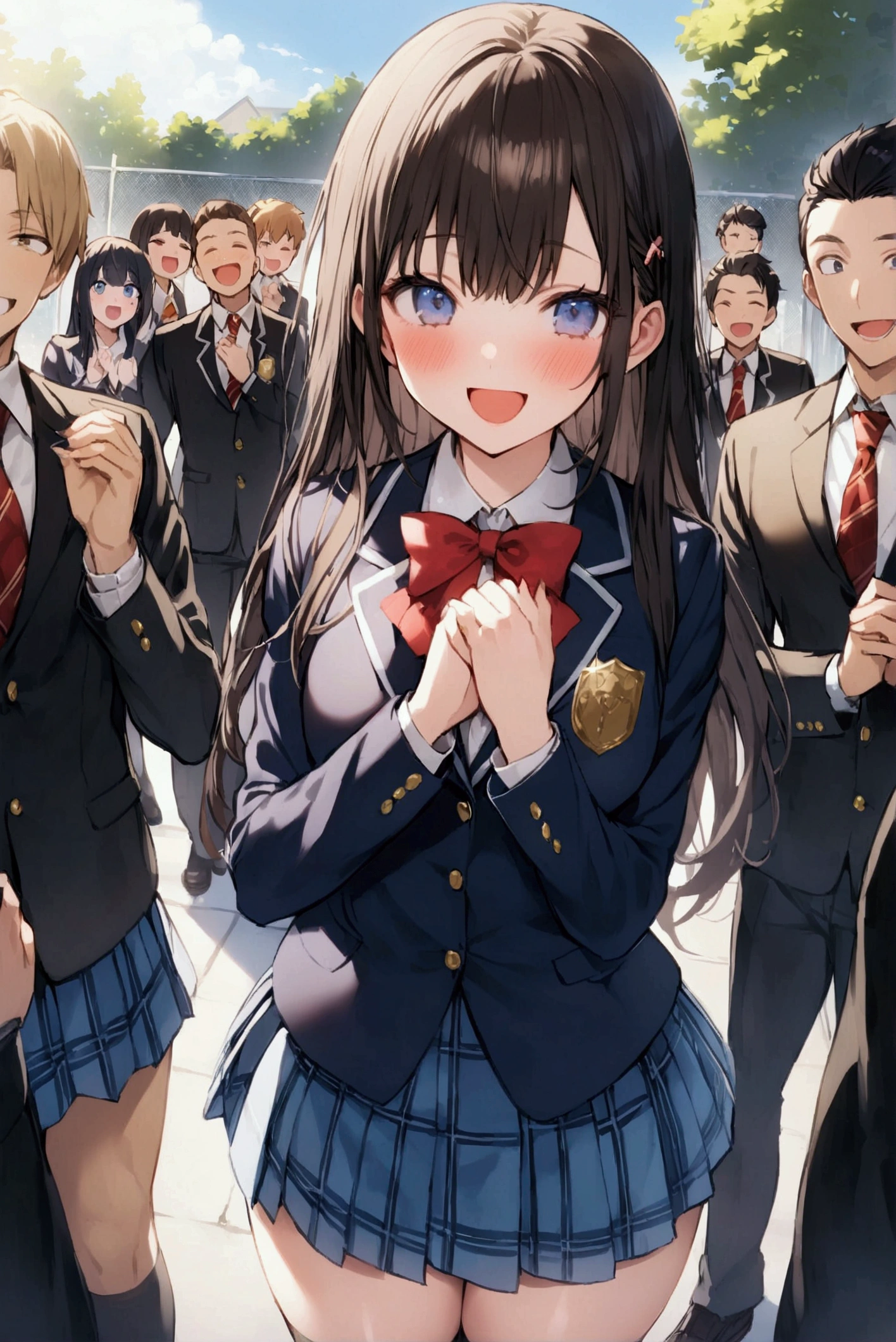 One Woman、Multiple men、beautiful girl、Handsome man with brown hair、Beautiful youth、after school、evening、high school girl、School plaque、Blazer Uniform、Pleated skirt、Black knee-high socks、Long Hair、In front of the school gate、Highest quality, Thick thighs、big 、White panties、Black Hair、The girl has an excited face、Crowds returning from school、In front of the school gateで待つ仕草、Handsome men surround the woman、Lean your back against the wall.、Hold your chest with both handan lays hands on woman'shoulder、The pretty boys are laughing