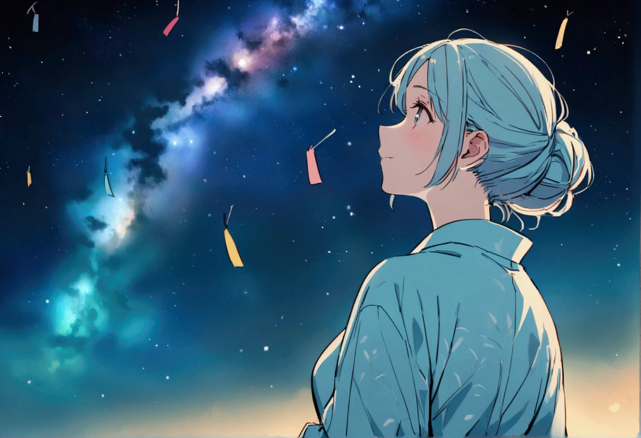 Back view of a woman wearing a light blue yukata,The woman is photographed from a distance,Looking up at the Milky Way,Tanabata,