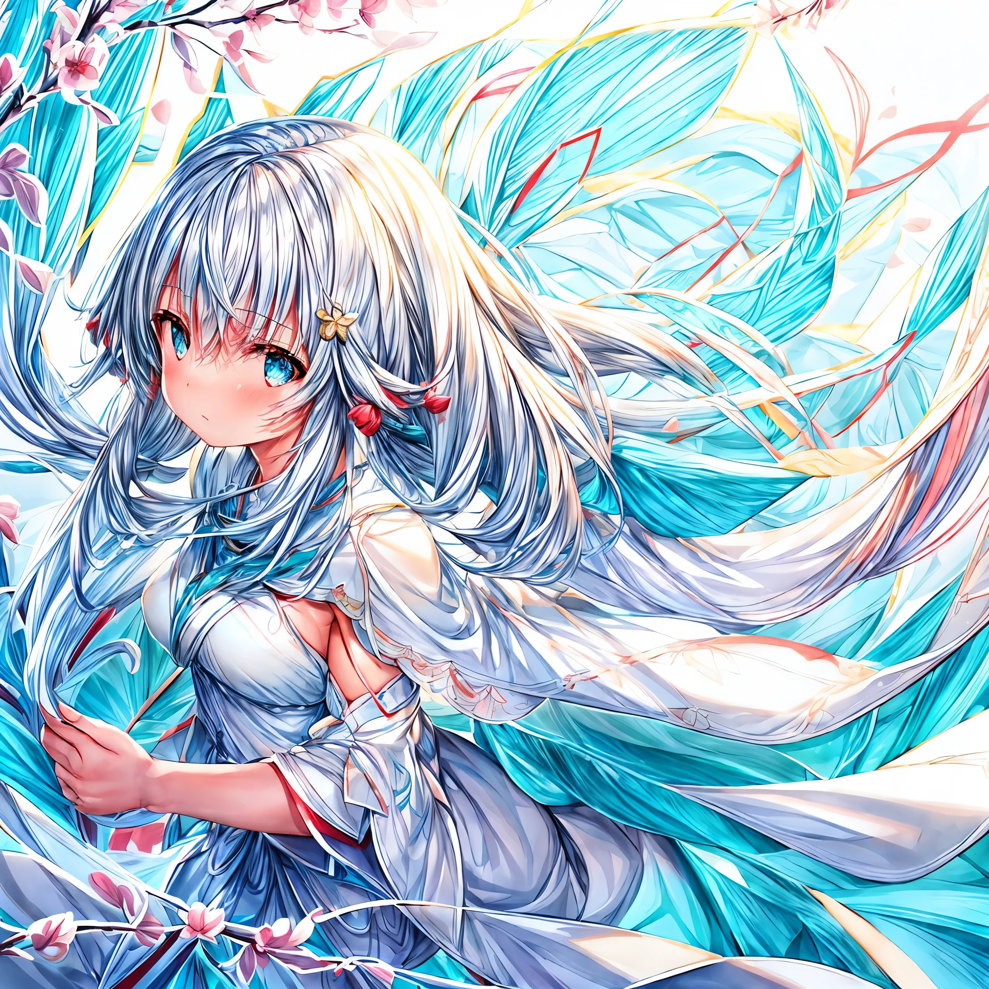 {{white background,white flat color,japonica}},final fantasy illustration,iridescent powder light,aqua lily,red japonica camellia,gradient flower,1girl,,white hair,branch,gochiusa,red illustration,monochrome, {{acrylic paint (medium)}}, clump,floating hair,short hair
