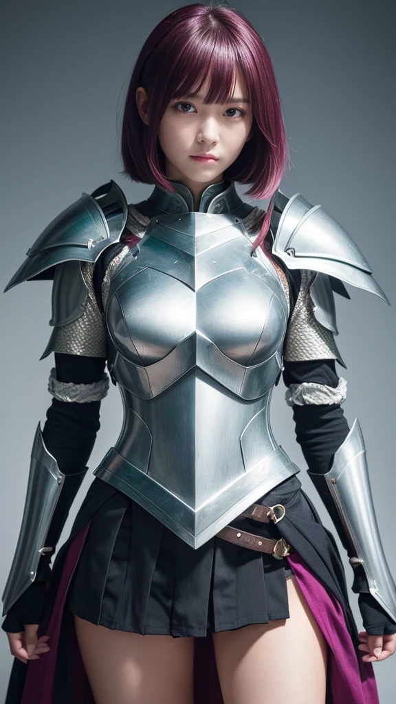 (Highest resolution, clear_image) Highest quality, a female's masterpiece, Very detailed, Semi-realistic,(Most of the body), (Highest quality, masterpiece, Ultra-realistic),Magenta hair, Straight Cut, Torn black bangs, , Shadows appear in the eyes, short hair, ,Part your bangs in the center、I can see your forehead, ,,intimidating pose、The whole body from head to foot、、Sharp eyes、、、Breastplate armor、Emerald blue armor and white clothing、Tight Skirt、Swordsman、Partially armored、Hold a double-edged sword in your hand