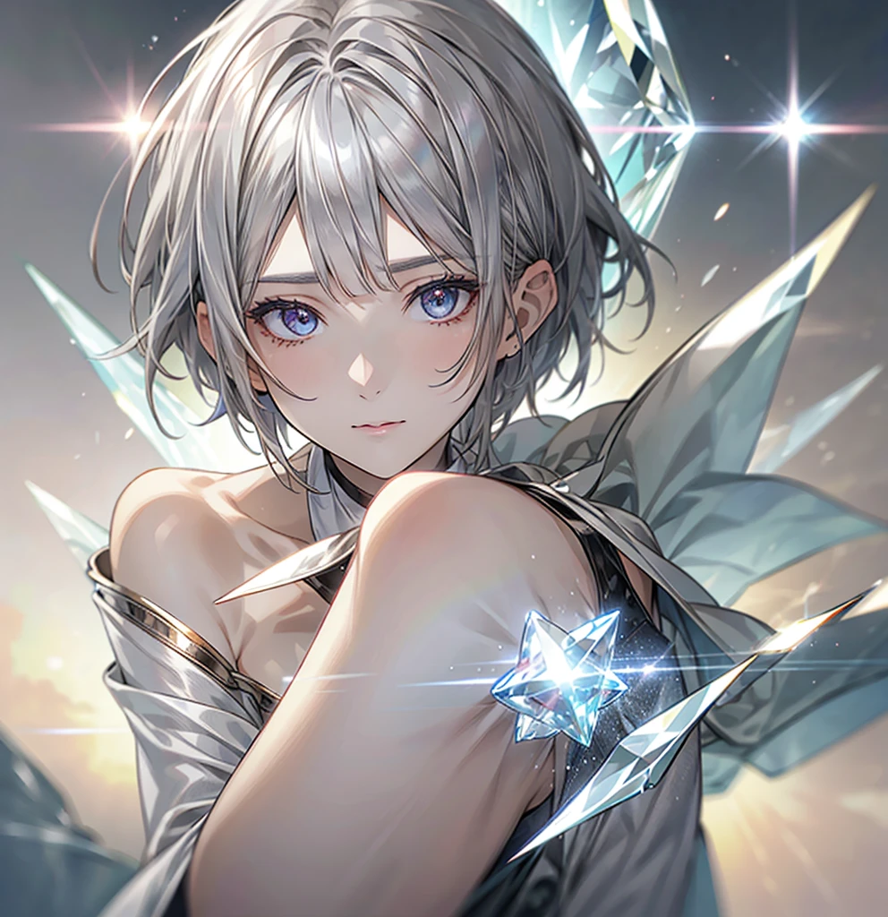 silver hair, short hair, asymmetrical bangs, crystal hair, shiny hair, Surrealism, lens flare, anime, 8k, super detail, UHD, retina, masterpiece, accurate, anatomically correct, textured skin, super detail, high details, high quality, award winning, best quality, highres
A girl inspired by Uranus, with a lively atmosphere but a sad and dignified expression. She has short silver hair. The background includes meteors streaking across the skyオールバック