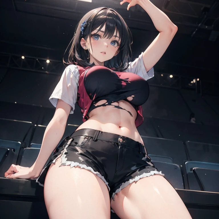 Anime Kawaii sexy Perfect Slim sensual body large breast and huge thighs, An intricate and highly detailed illustration of anime (Young girl)  8k, work of art, best qualityer, practical, very detailled, 1 mixed race girl, Healthy body, practical skin texture, breasts big, looking at the audience, cropped shirt, cropped skinny t-shirt, Vest, under,Vest showing leather, under , Miniature skirt, sexy pants, Torn shorts and exposed skin, Ripping shorts, showing underwear, The shorts are too tight，Perhaps&#39;Cannot be compressed.,Lumiere, Facial Focus, good eyes, 精致的面容, bright face.., giorno, Outdoor cafe in the background, low angle shot, Watch below,Beautiful tattoos,belly cake,tattoo on arm,Waiting for the thigh tattoo,Waiting for the belly,chest tattoo