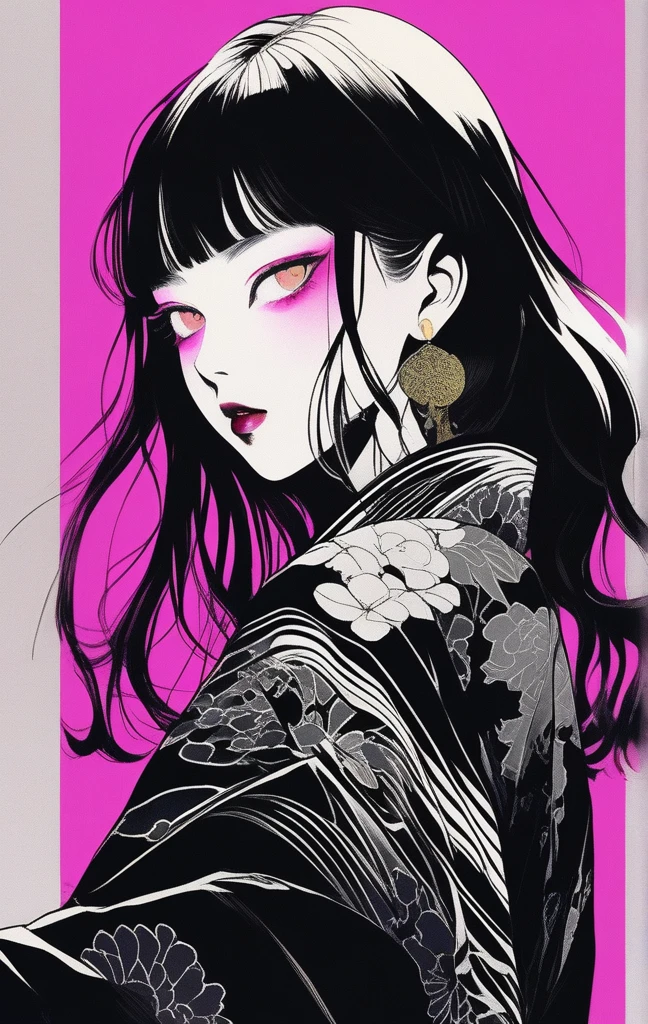 (best quality, sketch:1.2),realistic,illustrator,anime,1 girl, detailed lips, kimono,custom, black and gold gradient background,neon hair,textured cropping, masterpiece, style retro classic, noir style 、An illustration、art、70s horror movie posters, Supervised by Junji Ito、High detail, Realistic Shadows、Analog Style, chromatic aberration, Surrealism、Complementary Gradient