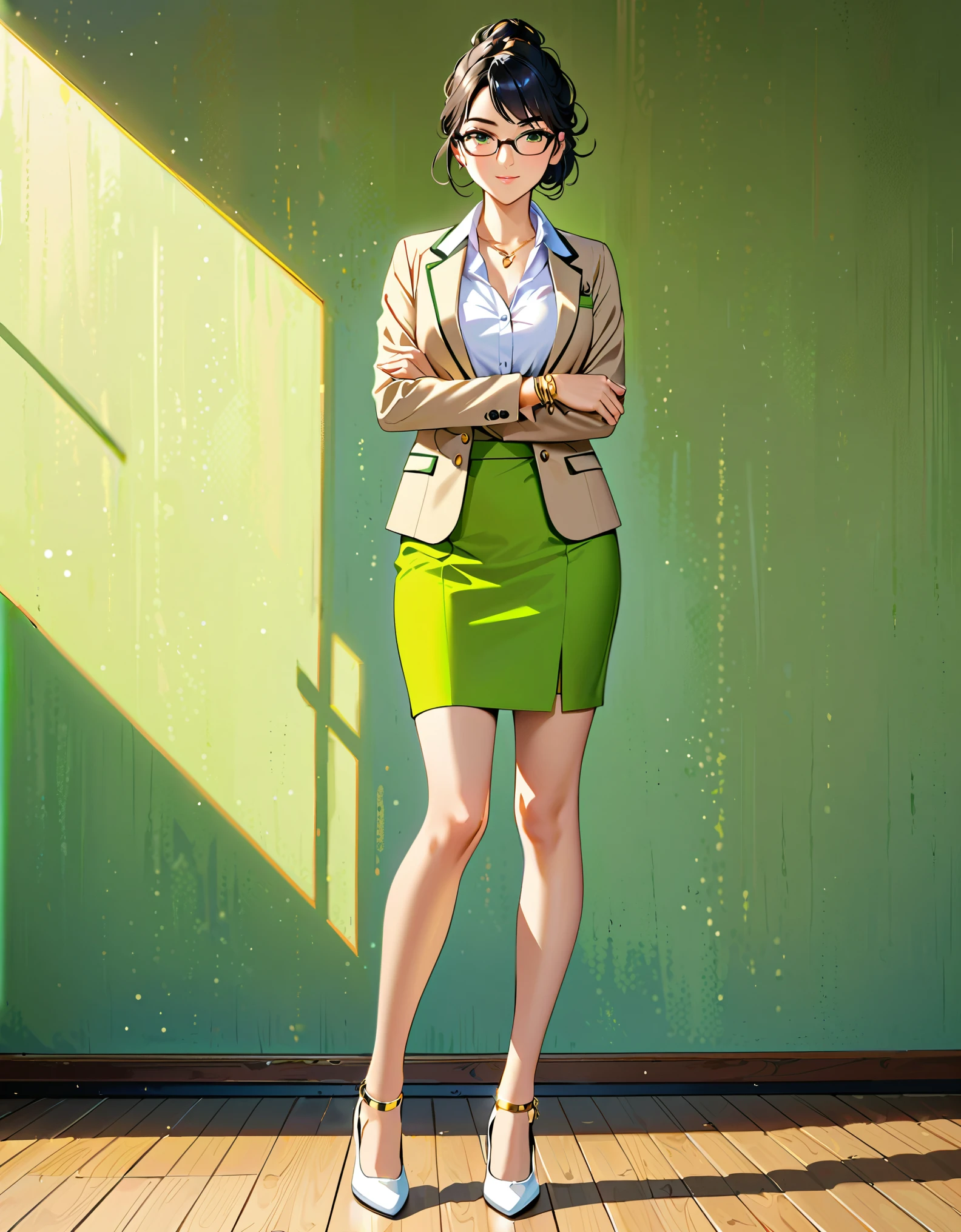 (masterpiece), (best quality), (hires), highly detailed, professional, 1lady, mature lady, tall body, jet black hair, short hair, tied up hair, green eyes, (glasses), beautiful detailed eyes, beautiful detailed face, beige skirt suit, open jacket, white dress shirt, open collar, medium lime green pencil skirt, medium breasts, matching shoes, high school backdrop, indoors, daytime, (perfect hands, complete fingers), (gold bracelets), bare legs, solo, solo focus, standing, cowboy shot, full body shot, full body with costume, semi-realistic, friendly, warm lighting.