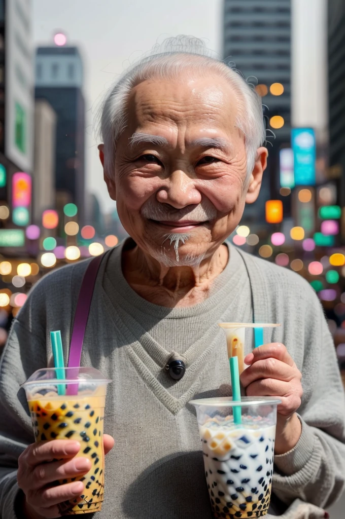 masterpiece, best quality, 1old man, photo of harold, (middle finger:1.1), (holding bubble tea:1.2), smiling, city, 