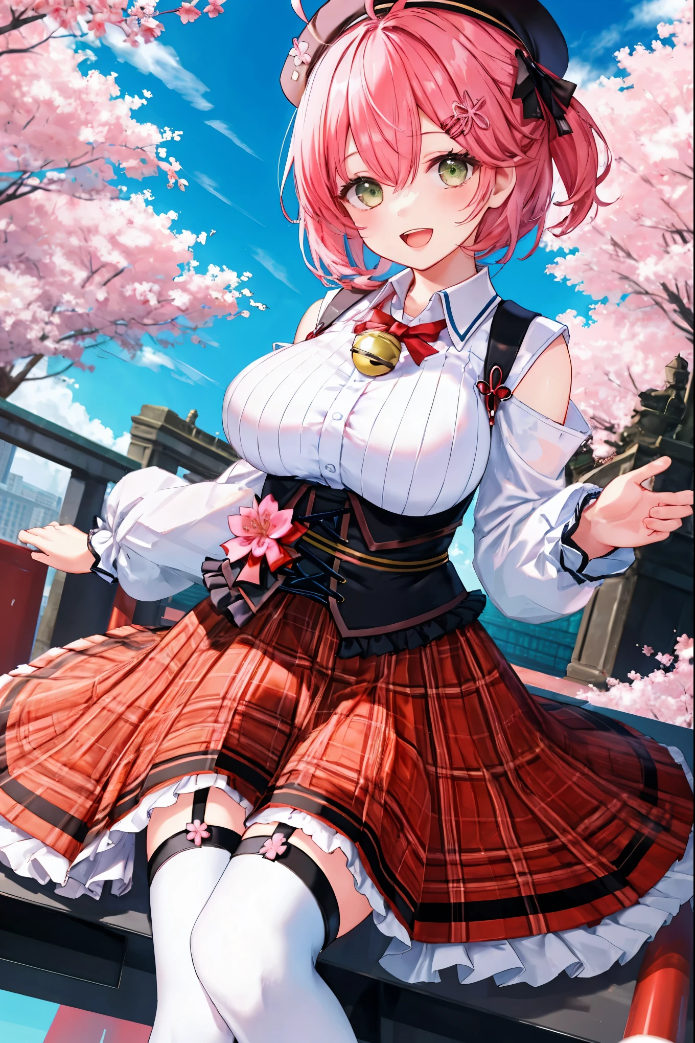 masutepiece, Best_Quality, hight_resolution, miko2,Ponytail, 1girl, Ahoge, black headwear, Hair Ornament, White shirt, black thighhighs, Pink hair, Red_skirt, very_short_skirt, plaid skirts, garter_strap, Collared shirt, hair clips, frilld, Bangs, hair between eye, frills skirt, beret, Pleated skirt, Hair Flower, Neck bell, , puffy long sleeves, Black bow, Underbust, Smile, (large_breasts:1.3),covered_nipples, green_eyes, happy, dynamic_angle,spread_legs,(big_smile:1.2),plump,open_mouth,shout,half_eyes,cherryblossom_park_landscape_background,