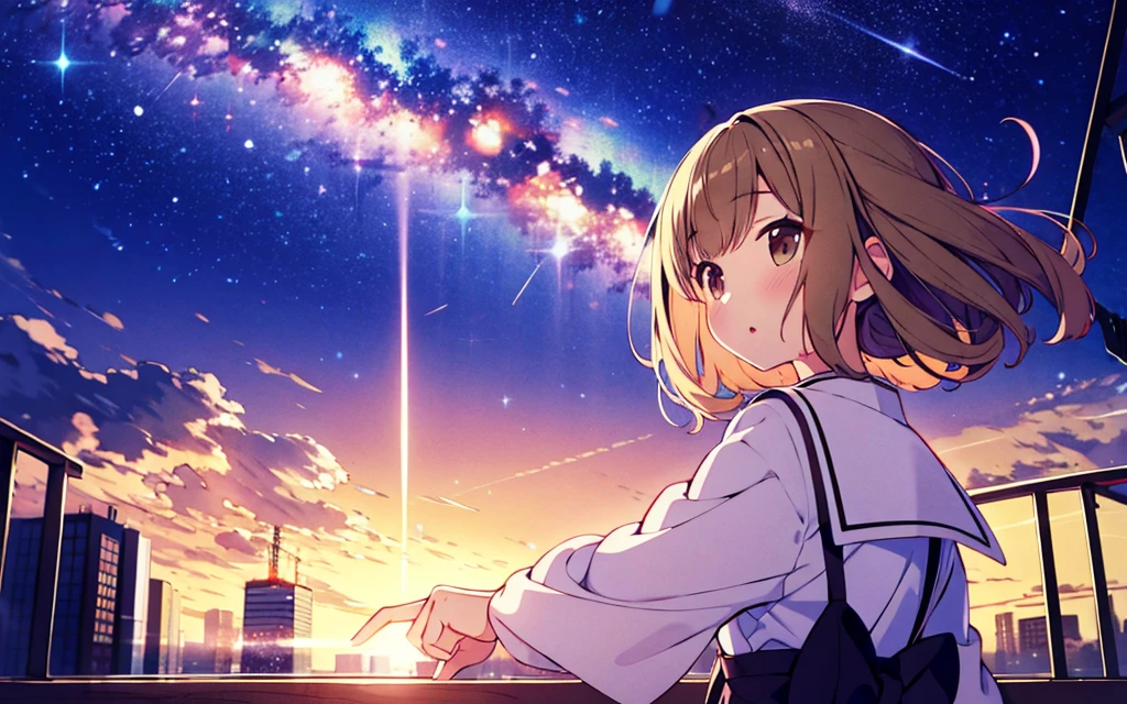 outrageous solution、High resolution、(masterpiece:1.4)、super detailed、floating、Super detailed night sky、performer、milky way、shooting star、Meteor、Meteor群, night, starry sky, Milky Way, beautiful anime scene, starry sky, night, near sky, 独奏, outdoor, cloud, hair length, city, silhouette, (highest quality、masterpiece)、1 girl、Super high resolution、独奏、japanese woman。Rear view、high school girl、Photorealism、light brown straight hair、thin hair、fashionable girl。wearing a white shirt。ray tracing light 