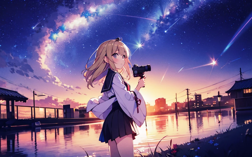 outrageous solution、High resolution、(masterpiece:1.4)、super detailed、floating、Super detailed night sky、performer、milky way、shooting star、Meteor、Meteor群, night, starry sky, Milky Way, beautiful anime scene, starry sky, night, near sky, 独奏, outdoor, cloud, hair length, city, silhouette, (highest quality、masterpiece)、1 girl、Super high resolution、独奏、japanese woman。Rear view、high school girl、Photorealism、light brown straight hair、thin hair、fashionable girl。wearing a white shirt。ray tracing light 