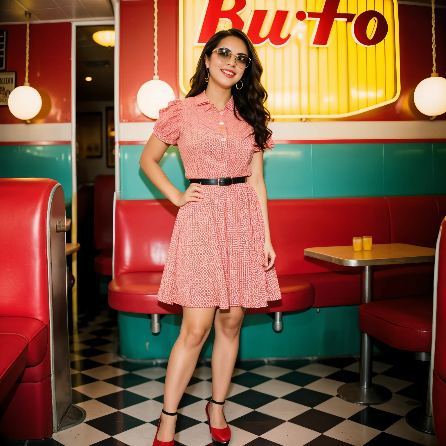 ((best quality)), ((masterpiece)), (detailed), a young latin woman with wavy dark hair, round face, flawed skin and a slender body type, in a polka-dotted vintage dress, retro sunglasses, and bold platform shoes, exuding confidence in a timeless palette of red and black against the backdrop of an old-school diner with neon signs, perfect face, perfect hands, five fingers,