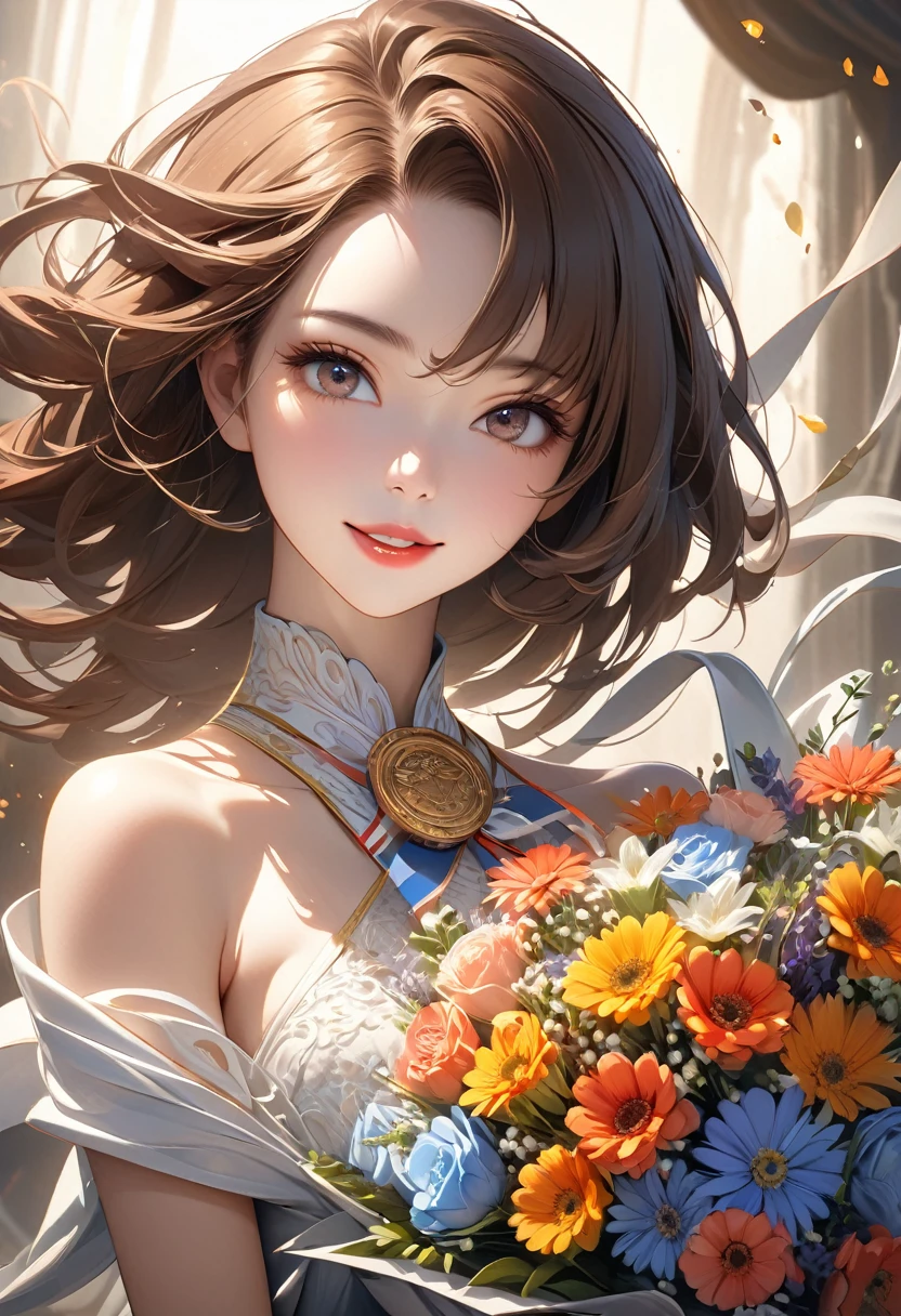 
                  ( perfect anatomy )  Hanging ribbon medal medal otherworldly charming very beautiful girl award ceremony holding gold medal holding big bouquet of flowers ,Happy, elegant and joyful expression at the moment of winning the award(close up),brown hair, Features ultra-high detail eyes,

                    Beautiful and sophisticated silhouette, Ultra-high detail mouth, fine and perfect lips,  looking directly at the viewer, Light and shadow movie special effects high-resolution images surreal textures high-resolution,  Digital painting, 


                            Delicate and dynamic rendering, ultra-high quality, masterpiece, anatomically correct, Super detailed, Best quality animation style HD high quality presentation