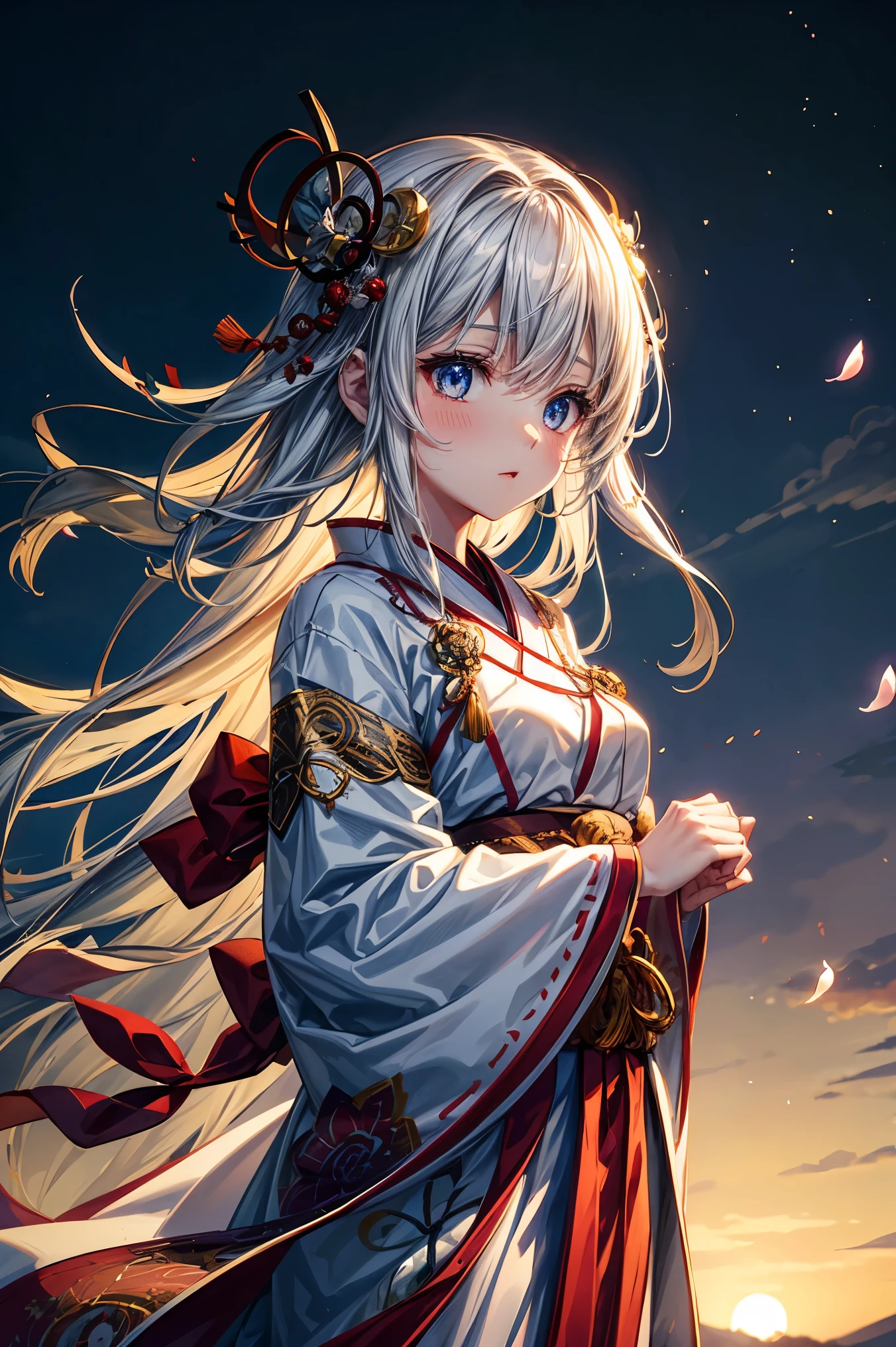 masterpiece,outline,floating clothes,luminous warm iridescent glowing,bloon effect,fantasy fog,game cg,fujisan,lake,sunset, fence ,fluttering petals,1girl,wind,floating hair,backlighting,Japanese clothes,ribbon,Japanese hair ornaments,ultra detailed skin,celtic obi,{{{hair ornaments}}},{{shinto priest clothes}},too many Japanese ornaments,,floral print,white clothes,red clothes,bloom effect,light particles,shiny hair,shint clothes,shiny skin,gochiusa,parted clothes,eye reflection,blue eyes