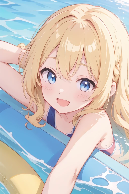 Face close-up、Girl emerging from pool、Wavy blonde hair、１３Age、Swimwear、smile