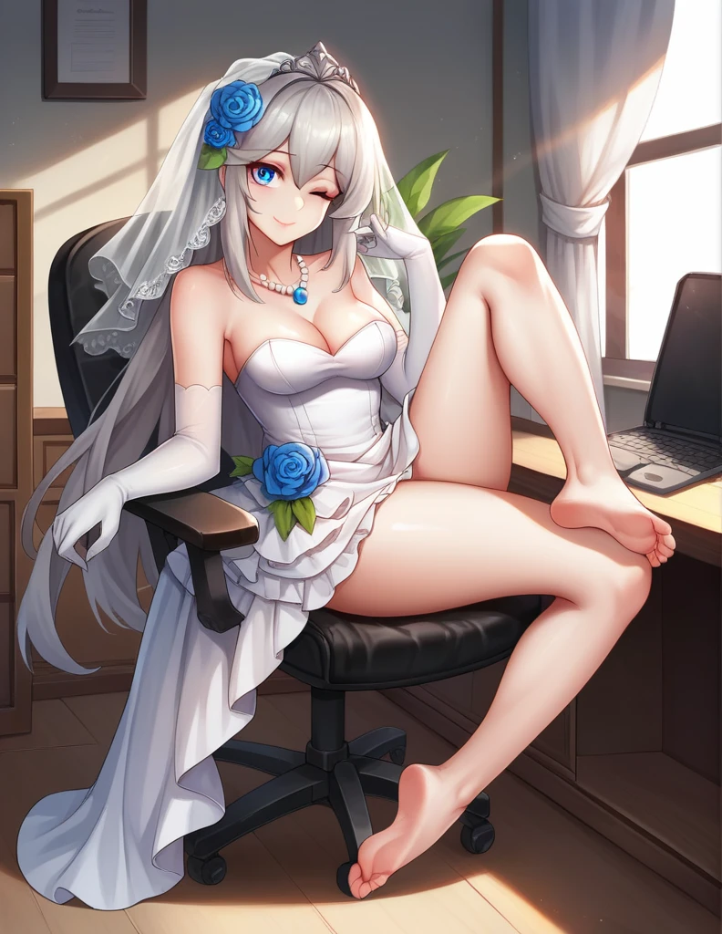 ((masterpiece)),(((best quality))),((ultra-detailed)),((illustration)),((disheveled hair)),((frills)),(1 girl),(solo),Trailing wedding dress, bridal veil, bride, cleavage, silk gloves, necklace, pearl necklace, sapphire (gemstone), shiny, shiny hair, skirt hold, skirt lift, skirt pull, strapless, strapless dress, white dress, blue eyes, breasts, chair, closed mouth, clothing, curtains, day, desk, drawer, eyelashes, feet, female, full body, hair between eyes, headwear, indoors, lipstick, long hair, looking at viewer, makeup, medium breasts, no shoes, office chair, shadow, sitting, smile, soles, spread legs, sunlight, toes, window, wink, Bare legs, gray hair, lexington \(warship girls r\), lens flare