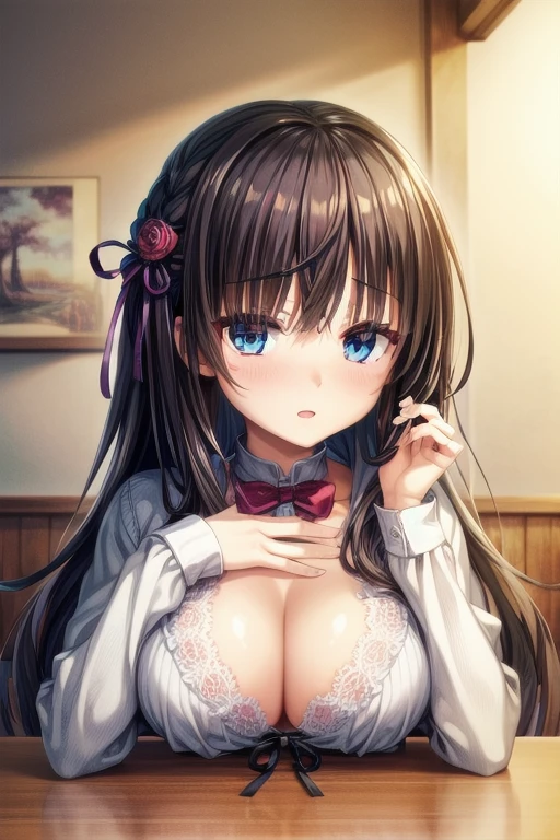 (Tabletop:1.0), (highest quality:1.4), (High resolution:1.2), From the side,Sharp contours, boyish, highest quality, masterpiece,Voice of the Heart,20-year-old woman,yandere,Big Breasts,Chest to chest,Lying face down,Upper Body,blush,Squint your eyes,blue eyes,Tuck up your clothes,lure