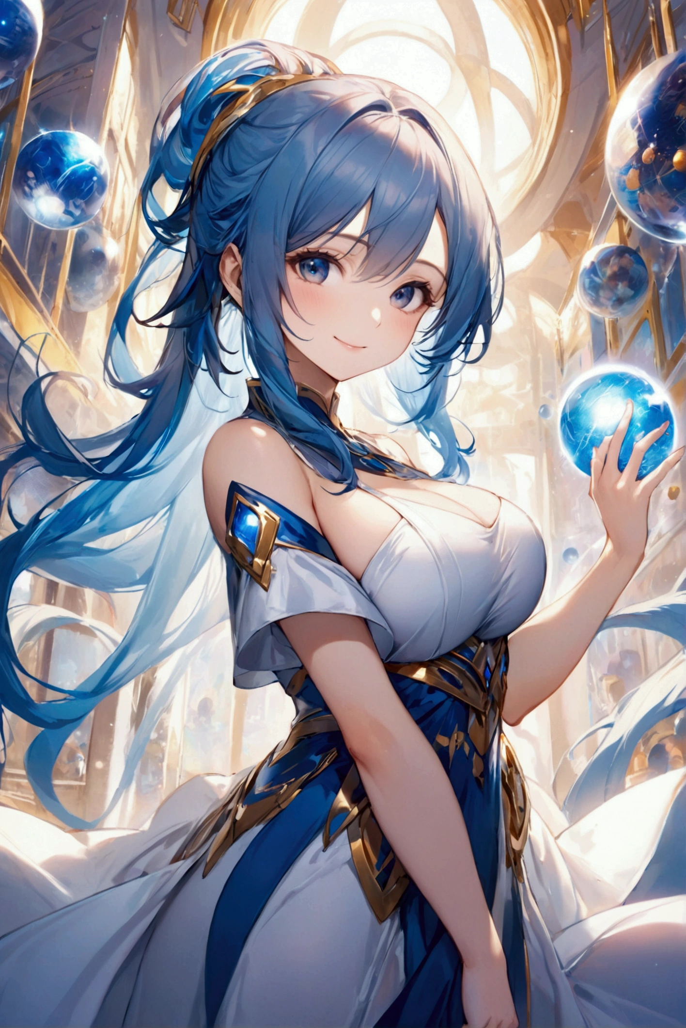 (Highest quality, 8k, 32K, masterpiece, Ultra-high resolution,:1.2),born, One girl,Super cute , Natural light,Clear, shining eyes, 20-year-old ,Fair skin, Girl with blue hair, Woman warrior, Sexy pose, An innocent smile, A fantasy background reminiscent of an electronic world, Random hairstyle, Long Hair, Long Hair, Large Breasts, adult