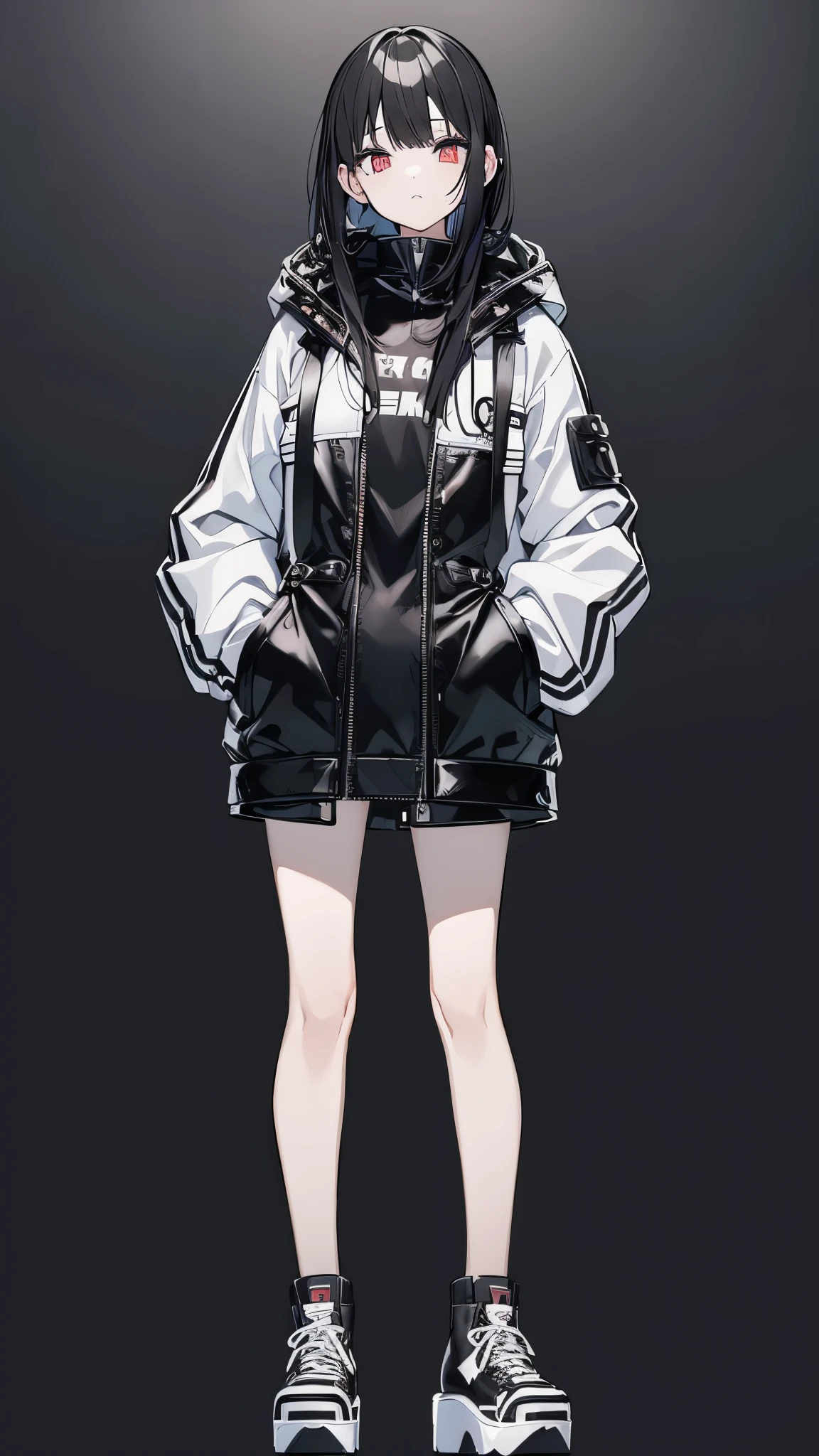 1 woman, 21 years old, standing full body shot:1.4, black hair, caramel eyes, white parka, platform sneakers, detailed facial features, intricate clothing textures, natural lighting, high quality, photorealistic, 8k, ultra-detailed, cinematic composition, moody atmosphere, cool color tones, ((black background))