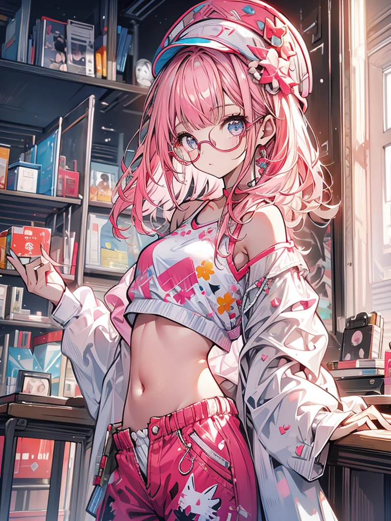 Glasses girl, book, cute, belly button , pink hair with white mesh, small hat, clothes mainly in red
