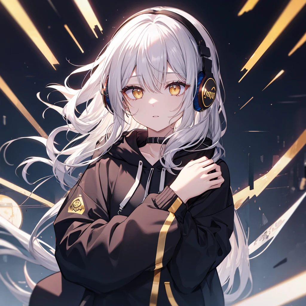 Golden Eyes、woman、Silver Hair、Semi-long hair、Put on some cool headphones,
Black hoodie oversized，
MytH, beautiful and delicate
Golden Eyes、Black clothes，Solo，
Near future
