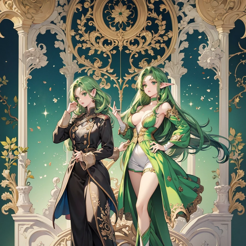 (masterpiece), best quality, expressive eyes, perfect face, girl, 20 years old, elf, green hair, green eyes, she is a member of magical circus, full body, standing pose, sexy, big breast, nasty pose, 175cm, her skill is aerial jump, character sheet, wear circus outfit