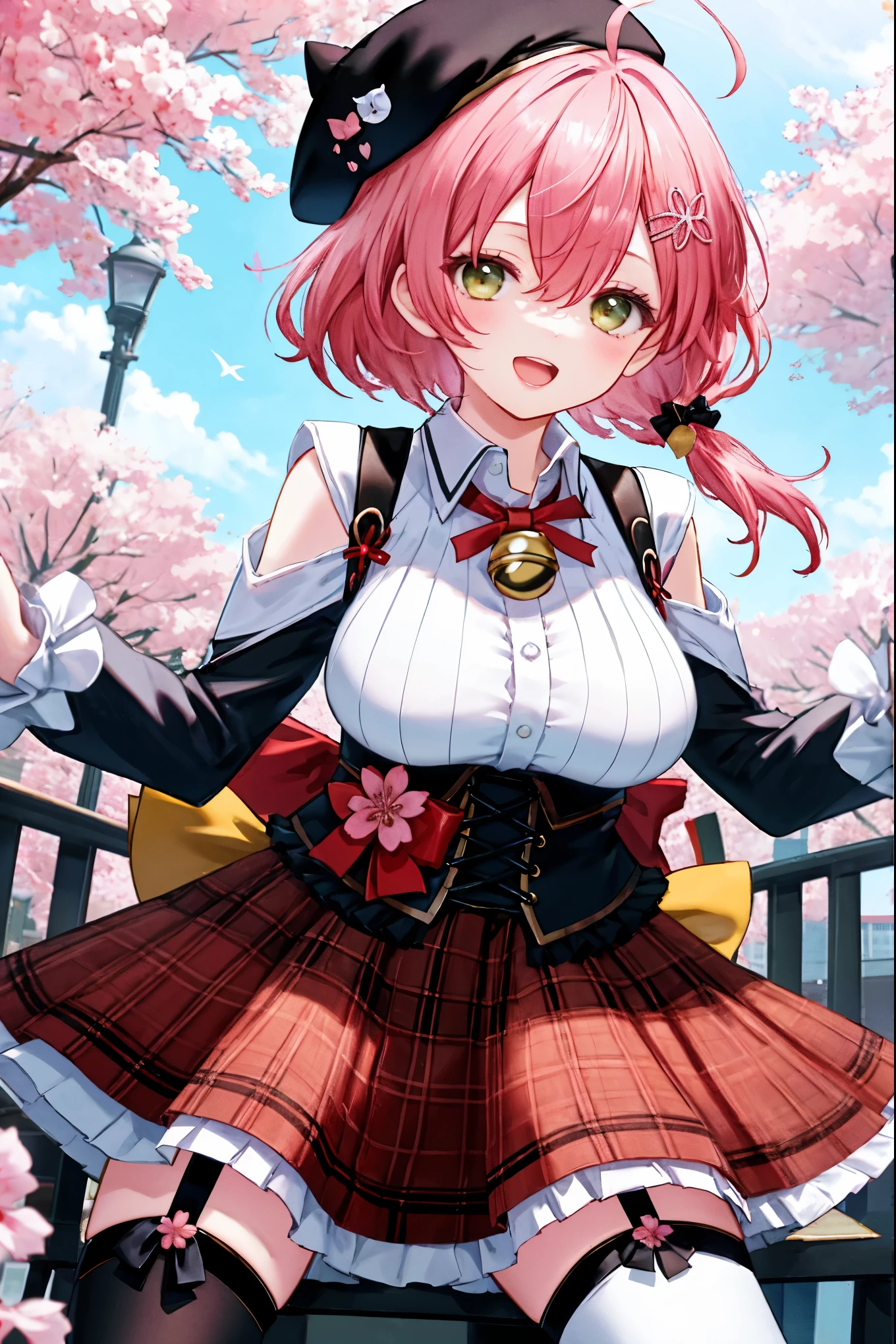 masutepiece, Best_Quality, hight_resolution, miko2,Ponytail, 1girl, Ahoge, black headwear, Hair Ornament, White shirt, black thighhighs, Pink hair, Red_skirt, very_short_skirt, plaid skirts, garter_strap, Collared shirt, hair clips, frilld, Bangs, hair between eye, frills skirt, beret, Pleated skirt, Hair Flower, Neck bell, , puffy long sleeves, Black bow, Underbust, Smile, (large_breasts:1.3),covered_nipples, green_eyes, happy, dynamic_angle,spread_legs,(big_smile:1.2),plump,open_mouth,shout,half_eyes,cherryblossom_park_landscape_background,