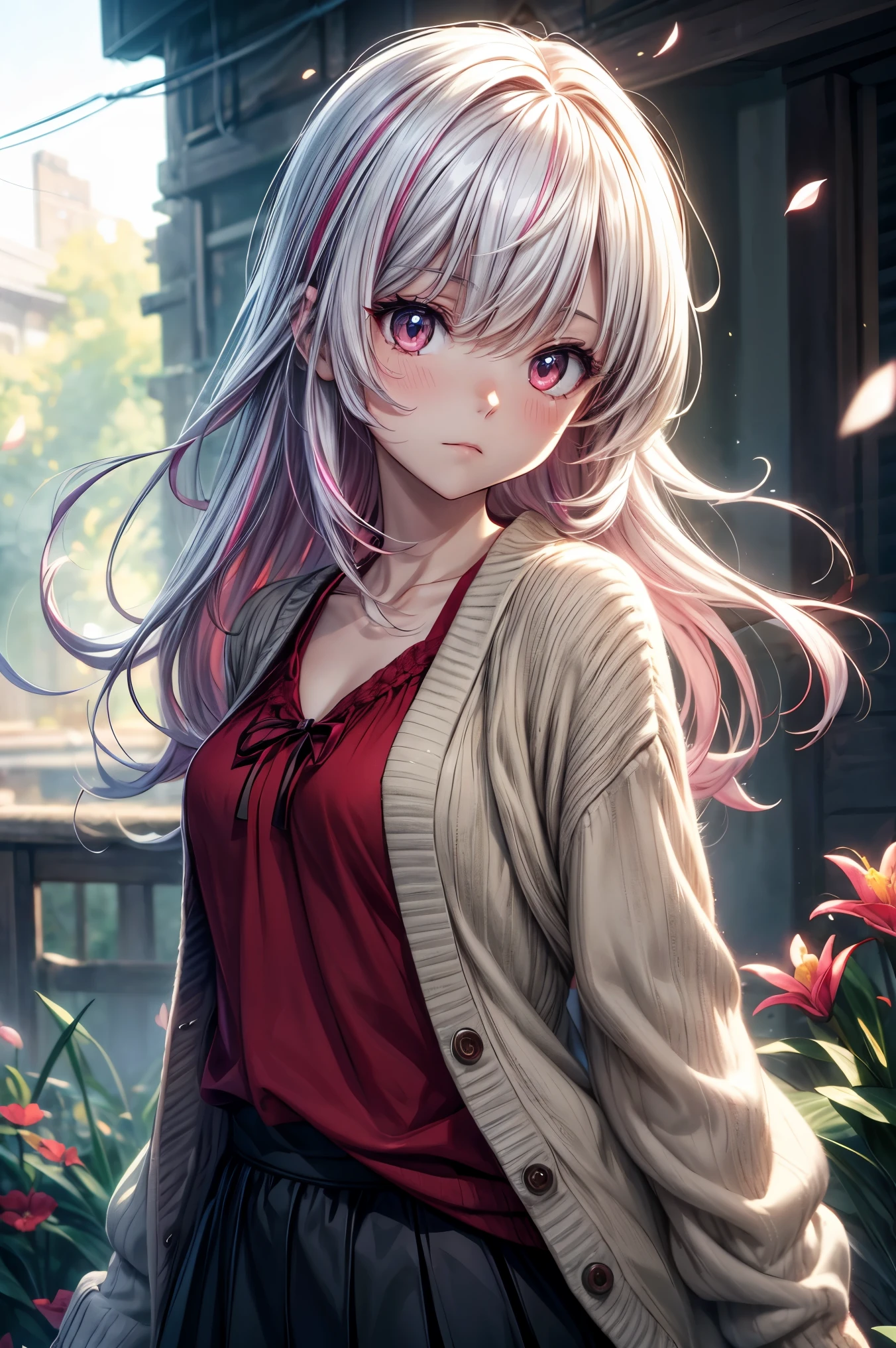 masterpiece,hair over eyes, eyes visible through hair,game cg, novel illustration, loose clothes,cowboy shot,wind,outline,fluttering petals,bloom effect,luminous warm iridescent glowing,white background,lens flare,iridescent shiny hair,ultra detailed skin,pink hair,long hair,{{{white knitted cardigan}}},open cardigan,{{red t-shirt}}, eye reflection ,lily,lily flower,lily background, clavicle,white eyes,pink lily, toggles, watercolor (medium), gochiusa,floating cardigan,skirt,hands on own neck