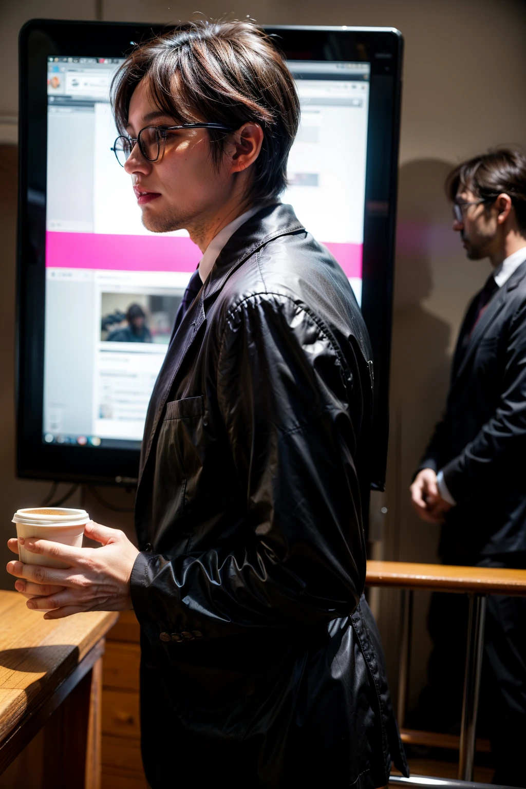 (front view:1.4), (1man:1.5), 40 year old, solo, office suit, bangs, brown(short hair:1.2), blurry_background, purple neon light, urban techwear, glasses, holding cup of coffee