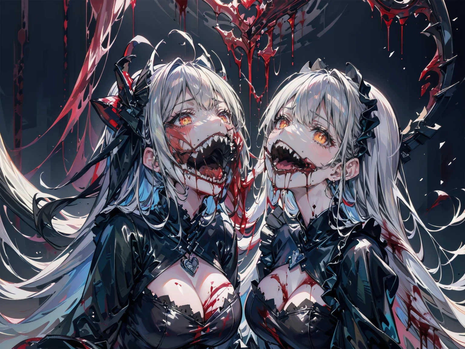 ,Ghost,Many Heads,Many heads,Lots of faces,Multiple faces,Multiple Girls,Frolicking Girl,Multiple women,tea ,Crazy Smile,Look up,Face shot,Scythe Face,Girl Monster, slave,beautiful, Detailed portrait, Delicate facial features, Sharp Eye, Sharp Fangs, Pale skin, Thick chain, Dark Background, Cinema Lighting, Dramatic Shadows, Gothic style, Gloomy atmosphere, Dark fantasy, One Girl, , Please open your mouth wide, Open your mouth and baring your teeth,Sharp teeth like a beast, Wide lips, very wide mouth, Vermilion cheeks, ,(Blood splatter:1.6),Scary face, Laughter Witch design, Twisted smile、Bloody、bleeding from the head,,、Blood splatter、,(Blood splatter:1.6),Crossbones, skull, , Horror Style, ((Fantasy Witch Costume)), ((Flowing white hair)), ,(Blood splatter:1.6),Female curves, Large Breasts, Thick thighs, Sexy flat stomach, Perfect hands, Perfect anime face, ((dark ta dress)), Are standing, ((Wicked Smile)), ,(Blood splatter:1.6),Victorian cities, gaslight, Steam circulates, Moonlight Illumination, night lighting, A sky filled with stars and galaxies,disaster々new devil horns,,(Blood splatter:1.6),アニメゾンビWitch design, Twisted smile、Bloody、bleeding from the head,,、Blood splatter、,(Blood splatter:1.6),Crossbones, skull,,Photo Background,Wide Shot,Scythe Face,Girl Monster, slave,beautiful, Detailed portrait, Delicate facial features, Sharp Eye, Sharp Fangs, Pale skin, Thick chain, Dark Background, Cinema Lighting, Dramatic Shadows, Gothic style, Gloomy atmosphere, Dark fantasy, One Girl, , Please open your mouth wide, Open your mouth and baring your teeth,Sharp teeth like a beast, Wide lips, very wide mouth, Vermilion cheeks, ,(Blood splatter:1.6),Scary face, Laughter Witch design, Twisted smile、Bloody、bleeding from the head,,、Blood splatter、,(Blood splatter:1.6),Crossbones, skull, , Horror Style,