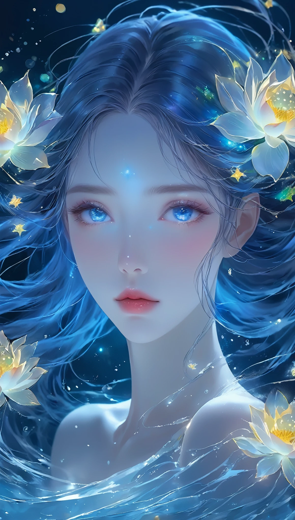 Seven part photos, masterpiece, best quality, Official Art, Extremely detailed CG 8k wallpaper,(Flying petals)(Detailed ice) , water晶质感皮肤, Cold expression, White hair, Long hair, Messy hair, blue eyes, Looking at the audience, Extremely refined, water, ((Beautiful and delicate eyes)), Very detailed, light,((Pretty Face),fine water surface, (Original figure painting), Very detailed, Very detailed, (Extremely refined), Beautiful and delicate eyes,Imagine a glass woman, Her exquisite figure is like a work of art, Crying under the stars. The blue night enveloped her, A melancholy light enveloped her graceful figure. Her glass Body Glows with bright blue hues, Every line and curve is engraved with intricate detail. The glass in her eyes reflects the twinkling stars, Embodying the infinite depth and emotion of the universe. Her sadness is beyond words, But her beautiful figure remains unaffected, Proof of the extraordinary power of emotion. This 4K glass woman is a delicate painting of light and shadow, color, and feeling, arrive，Body Glow，Glowing Line，Fluorescence,Glow Example，Tracking Example，flash，萤Light Particles，Backlight，translucent，Light Particles，Correct human anatomy，