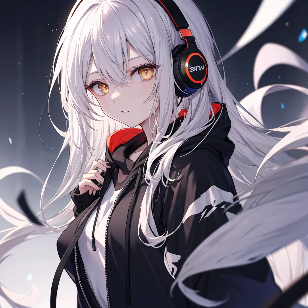 Golden Eyes、woman、Silver Hair、Semi-long hair、Put on some cool headphones,
Black hoodie oversized,
MytH, beautiful and delicate
Golden Eyes、Black clothes,Solo,
Near future