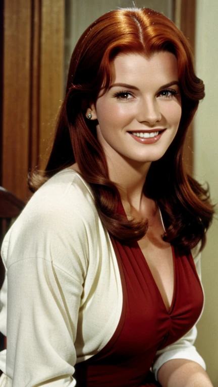 Maureen O'Hara dressed in casual clothes and smiling