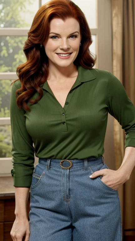 Maureen O'Hara dressed in casual clothes and smiling
