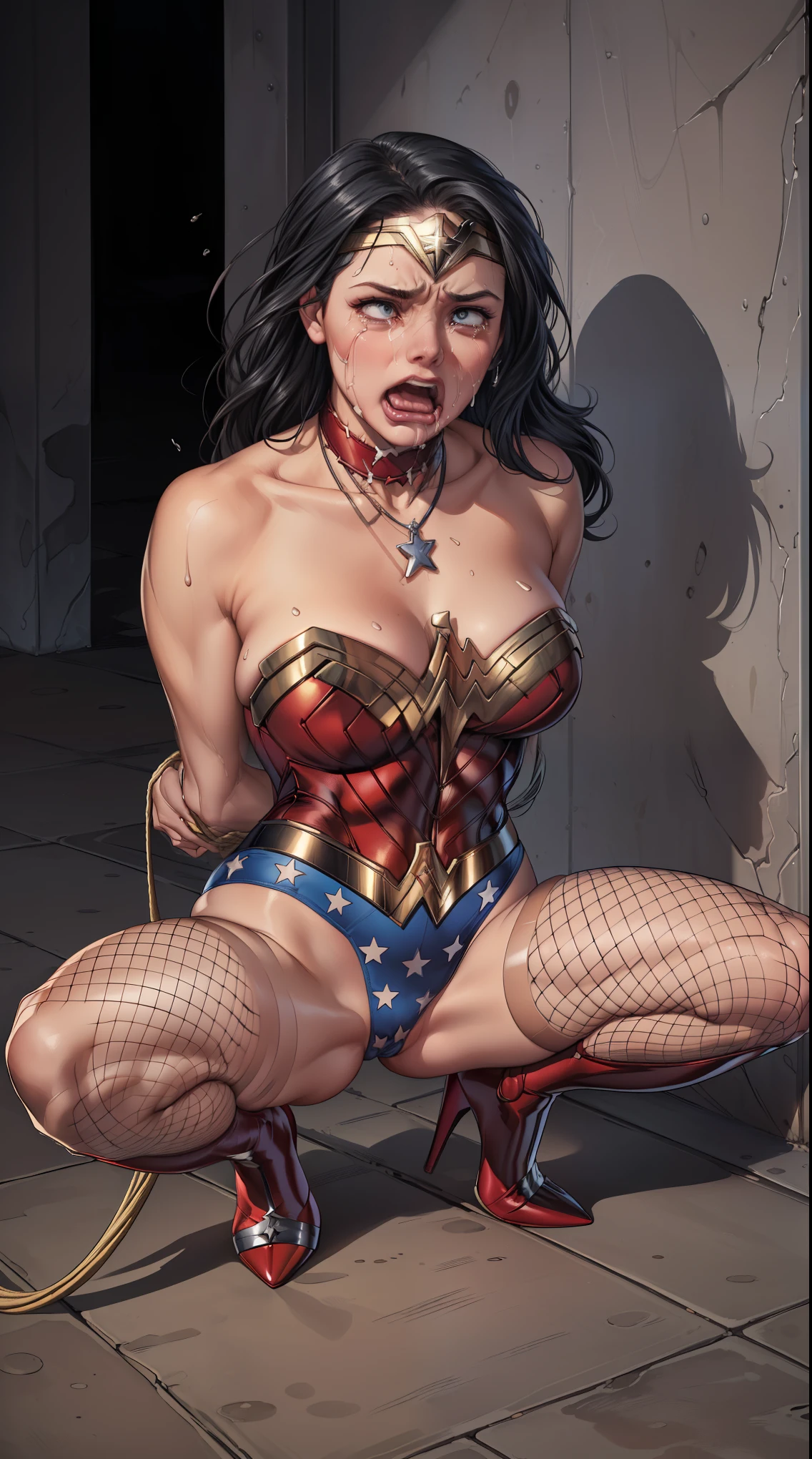 (((SUPERHEROINE WONDER WOMAN is wearing lacy lingerie, fishnet pantyhose, high heel stilettos))), ((WONDER WOMAN IS IN A TORTURE CHAMBER))), ((raped, beaten, HUMILIATED, DEFEATED)) ,((SUPERHEROINE mulher wonder wonder wonder wonder wonder wonder wonder wonder wonder wonder wonder wonder wonder wonder wonder wonder wonder wonder wonder wonder wonder wonder wonder wonder wonder wonder wonder wonder wonder wonder wonder wonder IS A FILTHY OLD WHORE)), ((emotional expression,expression of pain and despair, screaming in pain, Expression of suffering, eyes wide, wonder wonder wonder wonder wonder wonder wonder wonder wonder wonder wonder wonder wonder wonder wonder wonder wonder wonder wonder wonder wonder wonder wonder wonder wonder wonder wonder wonder wonder wonder wonder wonder, Wonder is squatting, on tiptoe), (She's crying a loa tem cabelo preto, she has long hair)), ((She wears a thick metal necklace around her neck....)), (Masterpiece artwork, best qualityer) 1.5, 1 girl, standing alone, (sensuous, beautfull woman, face perfect, perfects eyes), fully body. tears running down your face)), ((Wonder Woman, arms tied behind the back, shibari, painful restraint by ropes), (((emotional expression,expression of pain and despair, screaming in pain, Expression of suffering, eyes wide, Expression of fear))).
