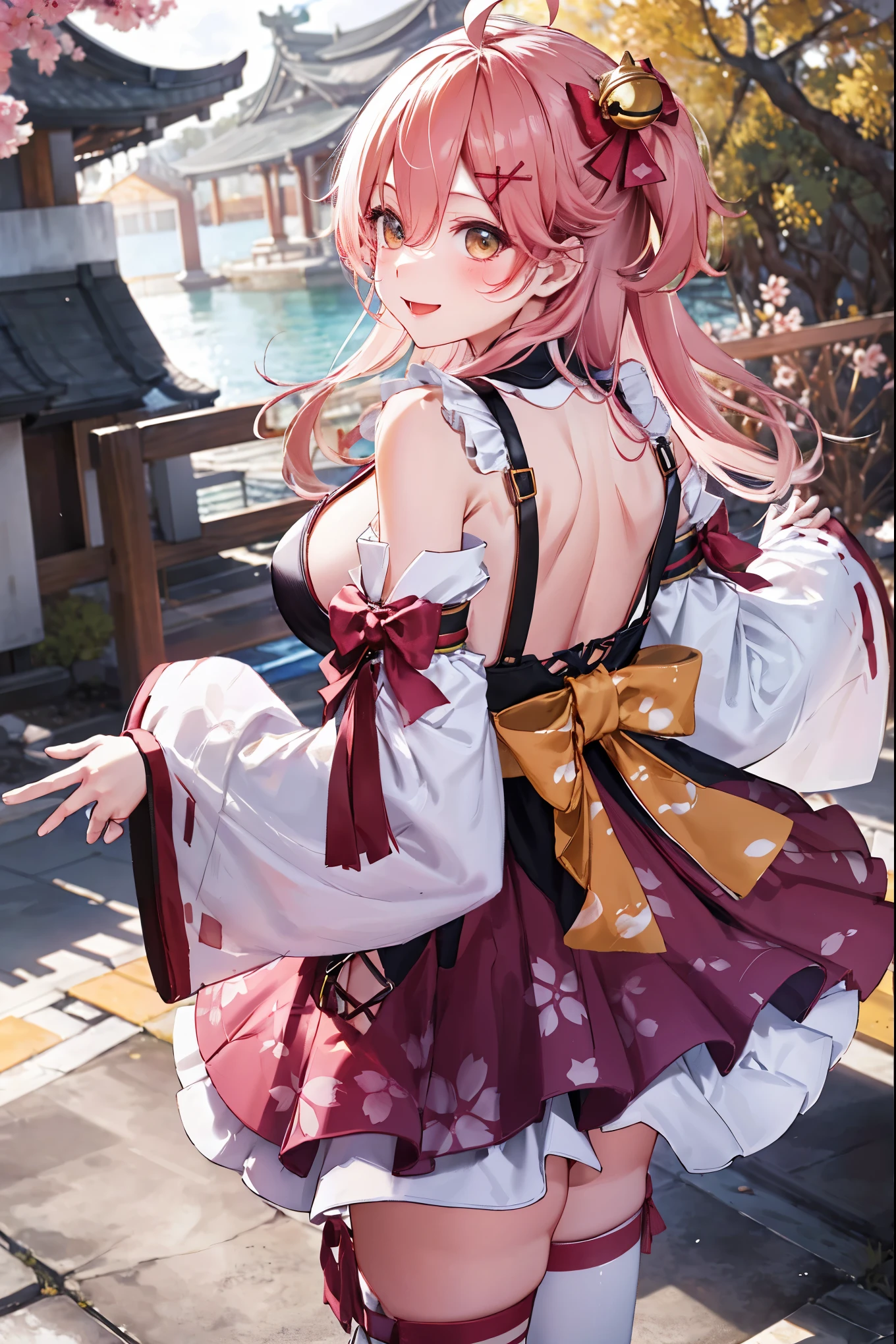 masterpiece, best quality, highres, miko1, sakura_miko, 1girl, big_boobs, solo, ahoge, x_hair_ornament, pink_hair, floral print, hairclip,(side_less_clothes:1.5), (side_boobs:1.5), hair_bell, floral print, long_hair, hair between eyes, one side up, white thighhighs, asymmetrical legwear, wide sleeves, open_mouth,(happy:1.3),gleen_eyes,big_smile,(rise_leg:1.3),plump,apart_legs,(overly_long_sleeves:1.3),),sleeves_past_wrists,hands_hidden_sleeves,sidelock_clothes,dynamic_posing,solo,hidden_wrists,(XD:1.4),covered_nipples,sunlight,cherryblossom_temple_landscape_background,