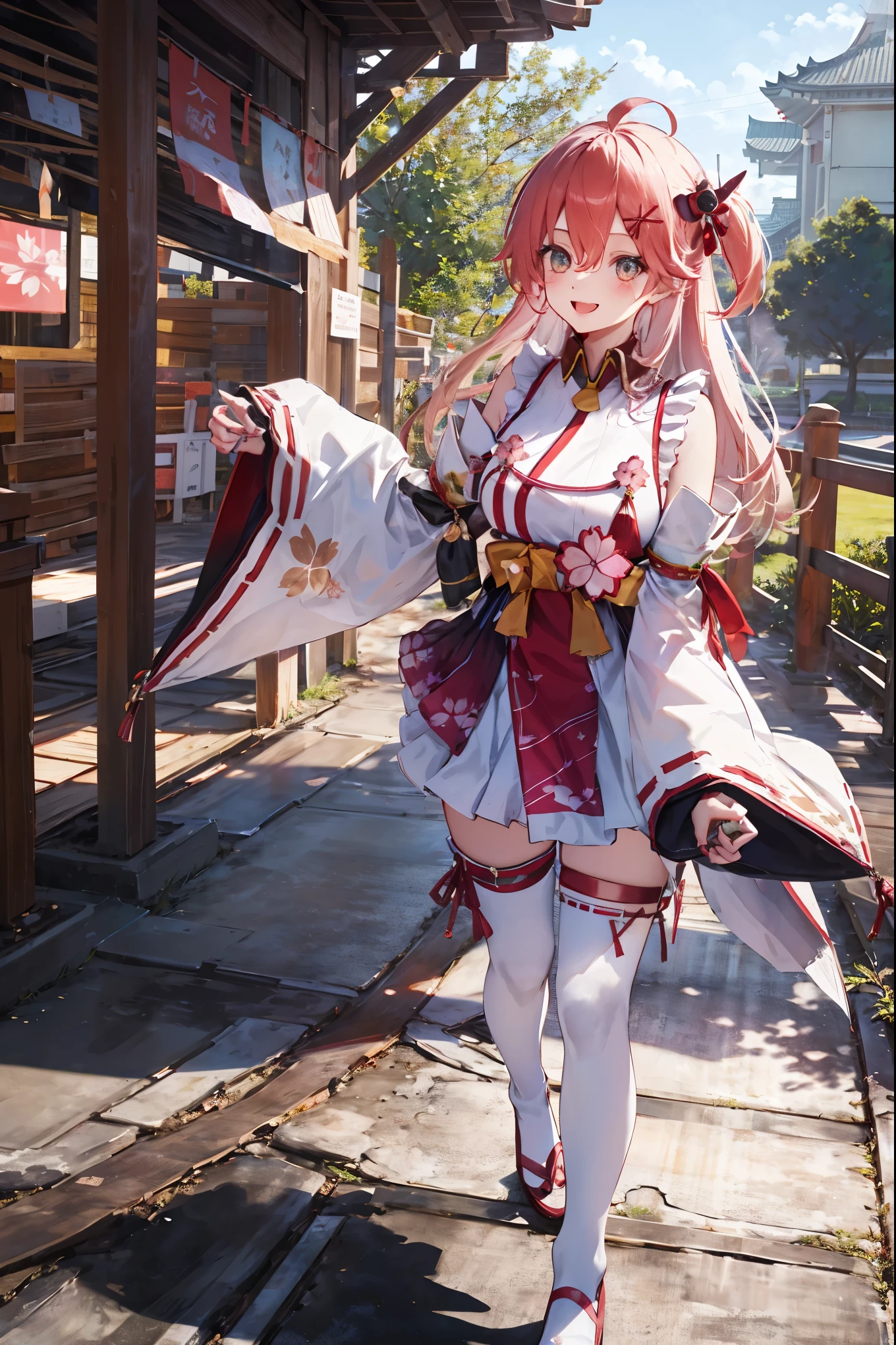 masterpiece, best quality, highres, miko1, sakura_miko, 1girl, big_, solo, ahoge, x_hair_ornament, pink_hair, floral print, hairclip,(side_less_clothes:1.5), (side_boobs, hair_bell, floral print, long_hair, hair between eyes, one side up, white thighhighs, asymmetrical legwear, wide sleeves, open_mouth,(happy:1.3),gleen_eyes,big_smile,(rise_leg:1.3),plump,apart_legs,(overly_long_sleeves:1.3),),sleeves_past_wrists,hands_hidden_sleeves,sidelock_clothes,dynamic_posing,solo,hidden_wrists,(XD:1.4),covered_nipples,sucherryblossom_temple_landscape_background,