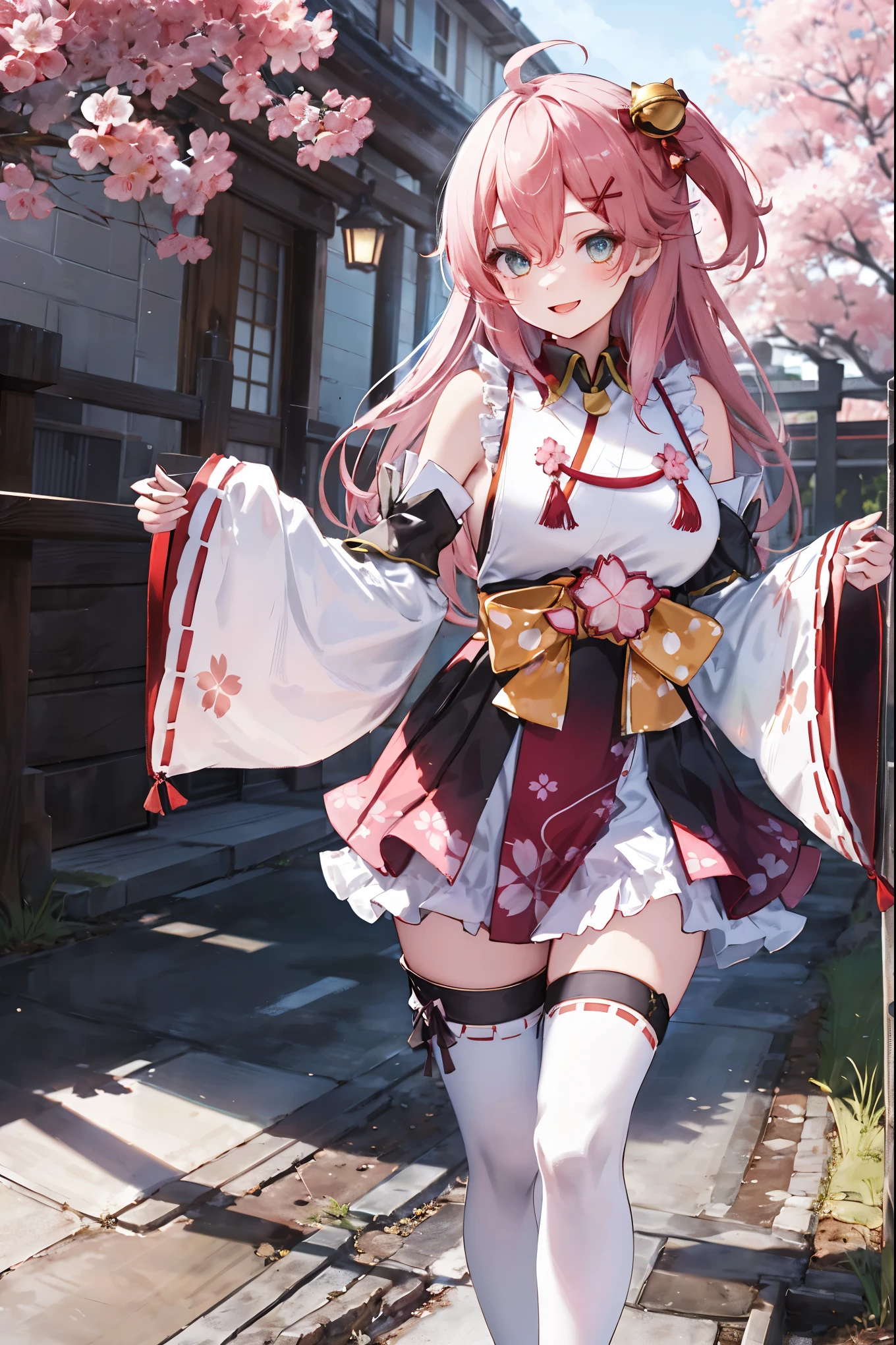 masterpiece, best quality, highres, miko1, sakura_miko, 1girl, big_boobs, solo, ahoge, x_hair_ornament, pink_hair, floral print, hairclip,(side_less_clothes:1.5), (side_boobs:1.5), hair_bell, floral print, long_hair, hair between eyes, one side up, white thighhighs, asymmetrical legwear, wide sleeves, open_mouth,(happy:1.3),gleen_eyes,big_smile,(rise_leg:1.3),plump,apart_legs,(overly_long_sleeves:1.3),),sleeves_past_wrists,hands_hidden_sleeves,sidelock_clothes,dynamic_posing,solo,hidden_wrists,(XD:1.4),covered_nipples,sunlight,cherryblossom_temple_landscape_background,