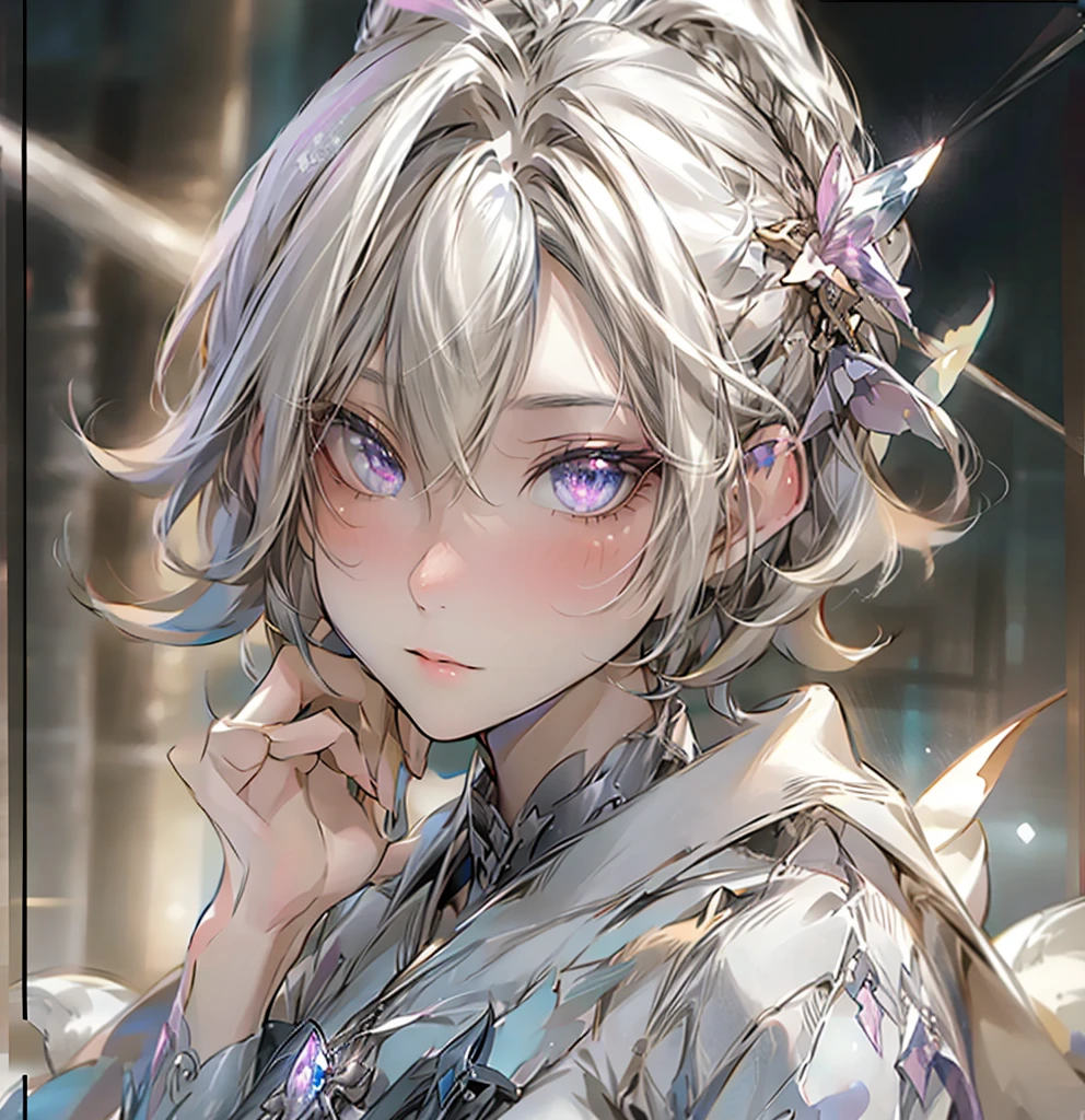 silver hair, short hair, asymmetrical bangs, crystal hair, shiny hair, Surrealism, lens flare, anime, 8k, super detail, UHD, retina, masterpiece, accurate, anatomically correct, textured skin, super detail, high details, high quality, award winning, best quality, highres
A girl inspired by Uranus, with a lively atmosphere but a sad and dignified expression. She has short silver hair. The background includes meteors streaking across the skyオールバック