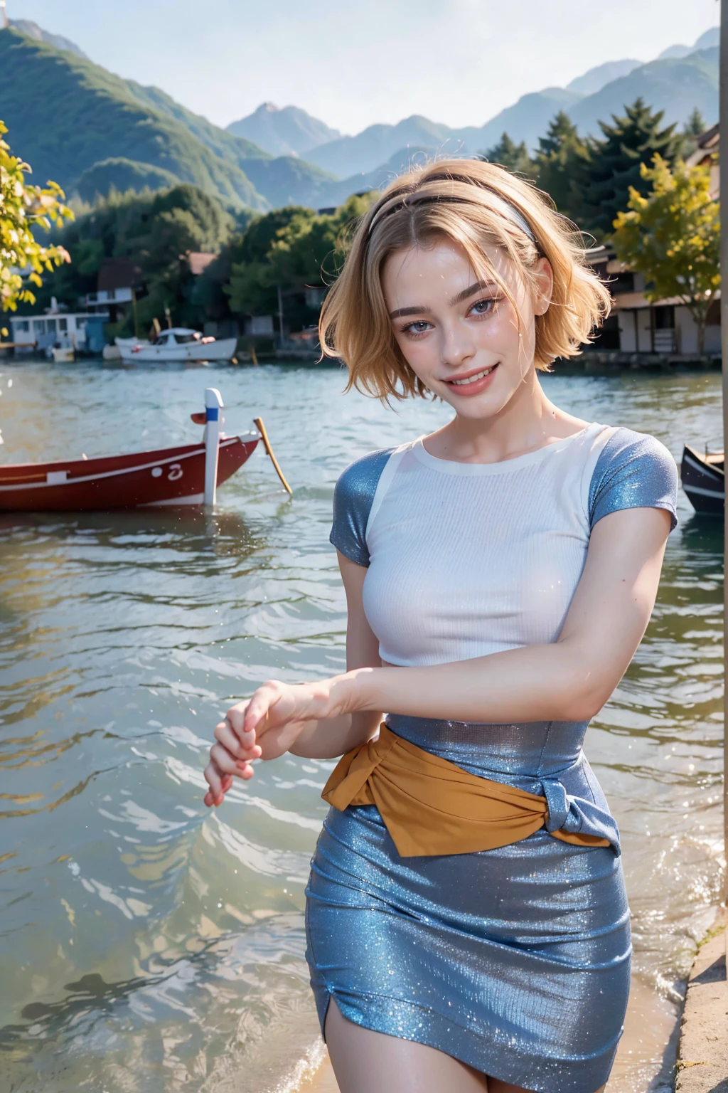 1 woman, adult woman, woman in her 30s, tarankaaa, NOT DASHA TARAN, full body standing, full body head to feet, perfect body, best quality, 32k, photograph, full body (head to toe), tone mapping, ((houjou satoko, short hair, blonde hair, violet eyes, hair between eyes)), ((wearing a dress, one piece dress ,black hairband, she is wearing very detailed fashion dress,short sleeves)), ((mid sized breasts,athletic, skinny, accentuated hips and waist)), asian-european, (mouth wide open: laughing hard joyful expression, amazingly beautiful grin, perfect laughter, squinty eyed smile) ((golden blonde hair, short hair, purple eyes)) perfectly drawn hands, ((masterpiece)), ((highres)), ((detailed background)), japanese village background, next to a river, (big proportions), cute pose, beautiful smile, ((perfect eyes, detailed eyes, realistic eyes)), ((sharp face, detailed face, realistic face, natural skin, realistic skin, detailed skin, pores)), (real wider legs, truly wider arms)